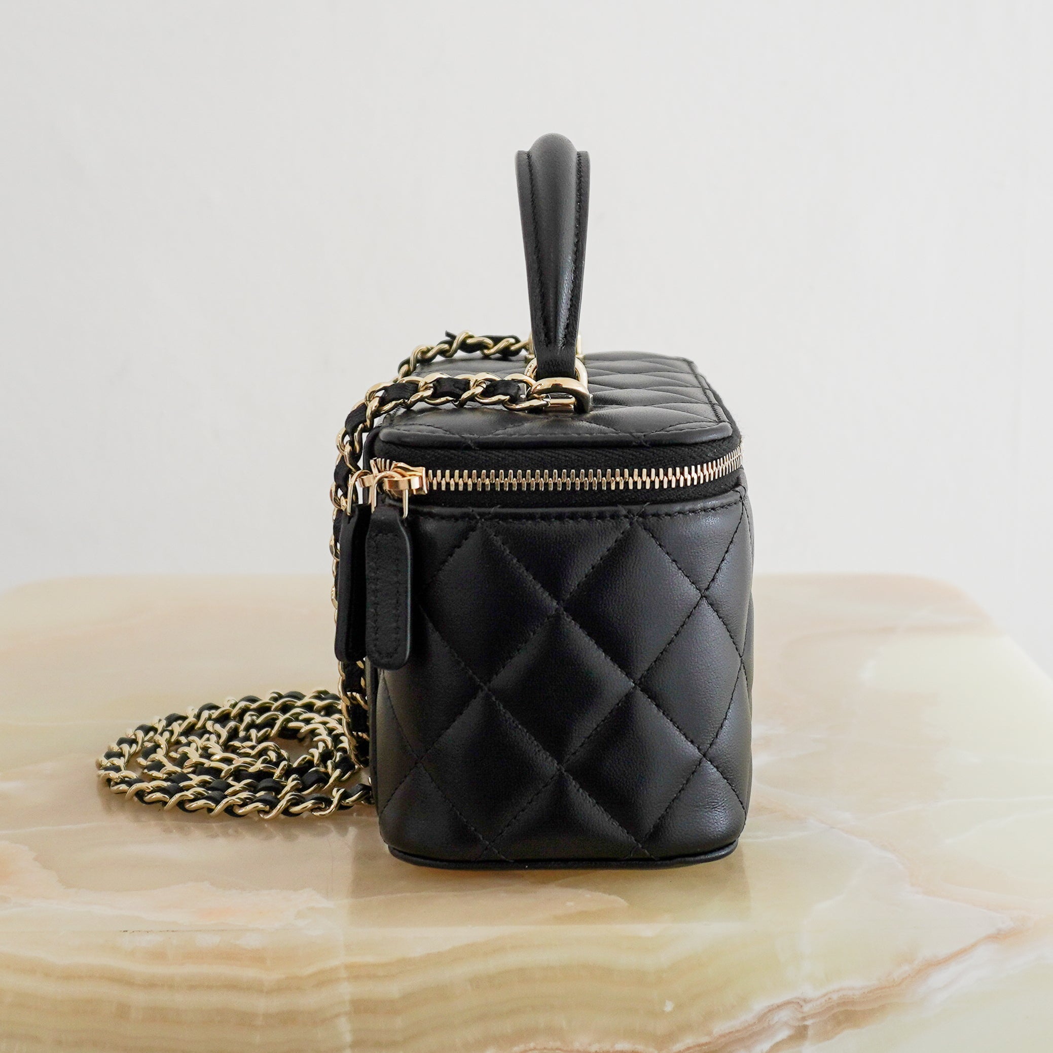 Chanel Black Small Quilted Vanity Case in Lambskin side photo chelsea london