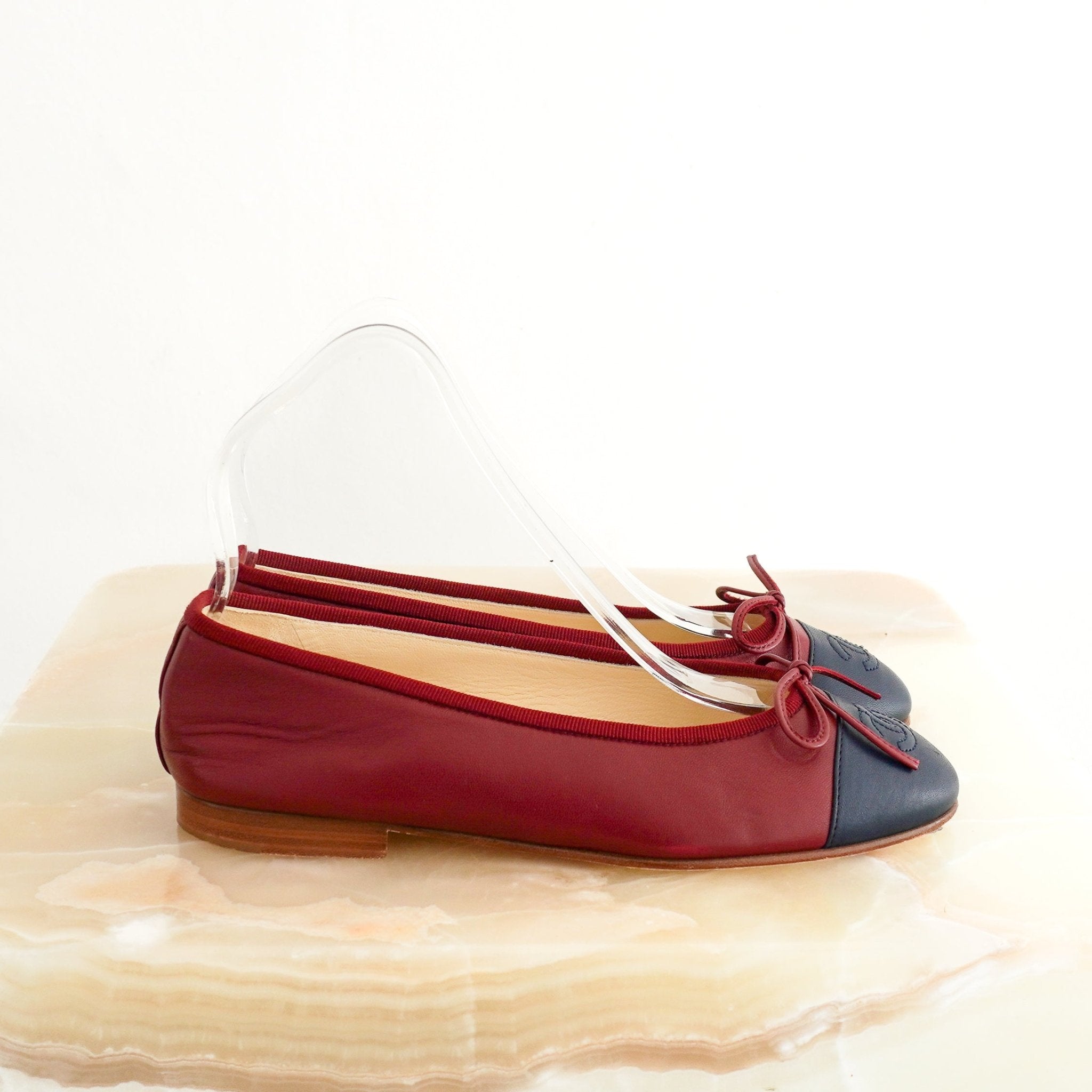 Chanel CC Two-Tone Ballet Flats in Burgundy & Navy Leather (RRP £850) | Authentic Preloved - Reloved Again