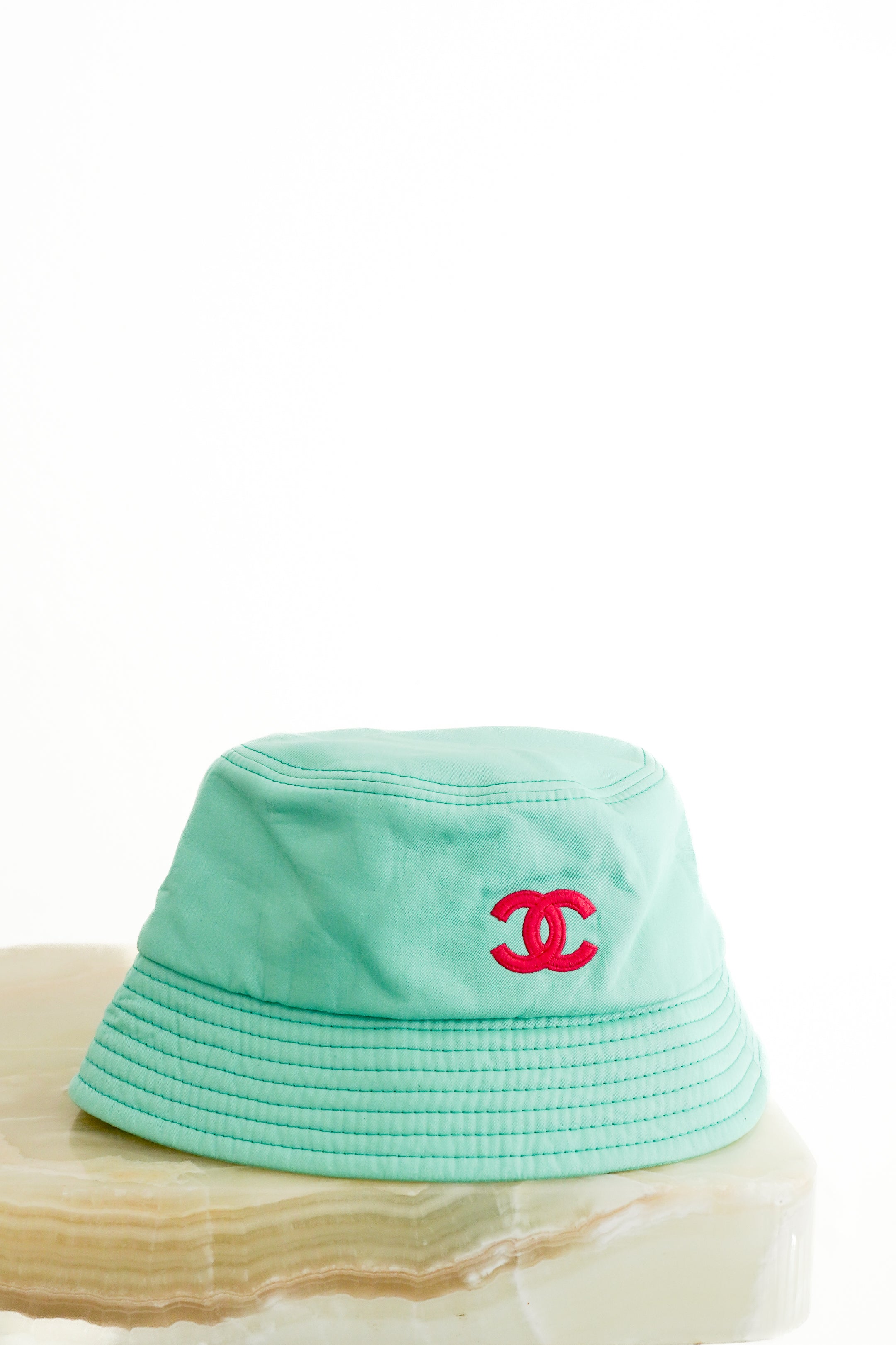 Chanel CC Cotton Cloche Bucket Hat in Mint Green front photo chelsea london