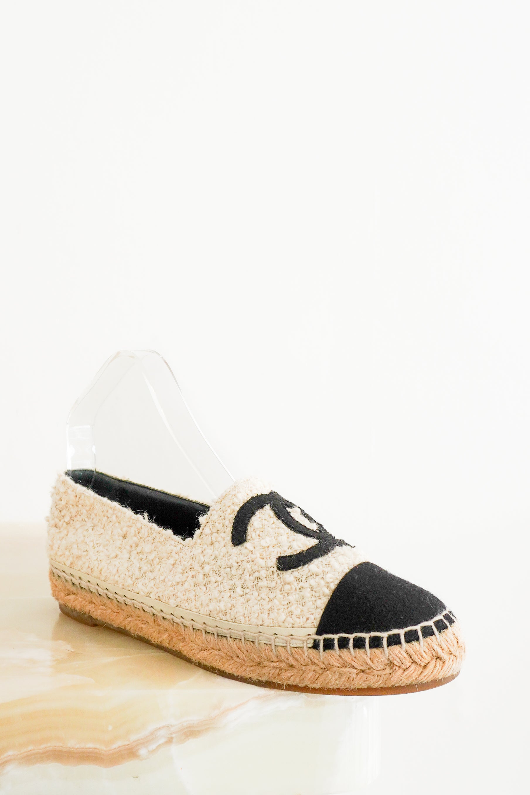 Chanel CC Cream Boucle Espadrilles front photo chelsea london