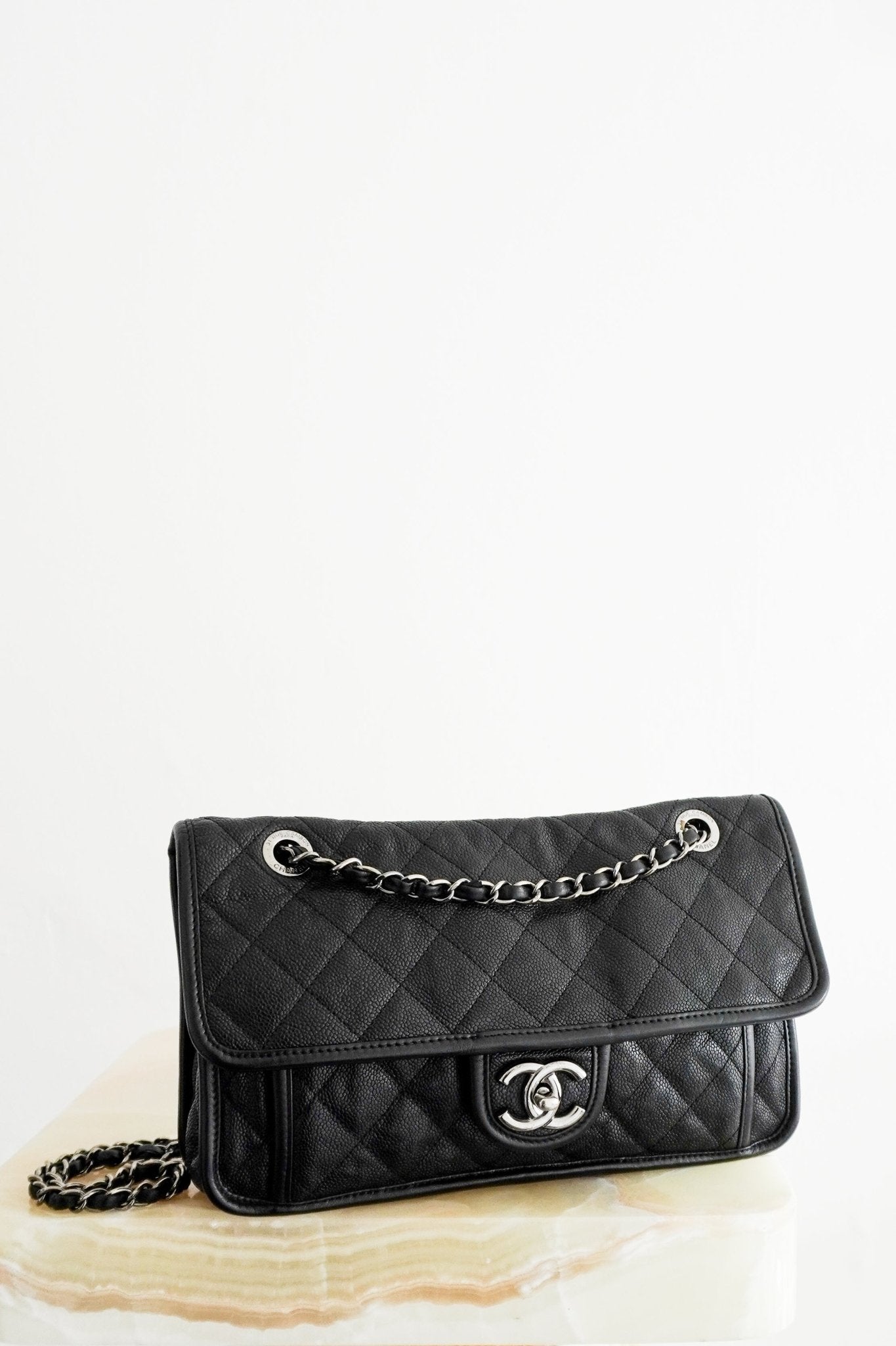 Chanel CC Medium French Riviera Single Flap Bag in Black Caviar Leather | Authentic Preloved - Reloved Again