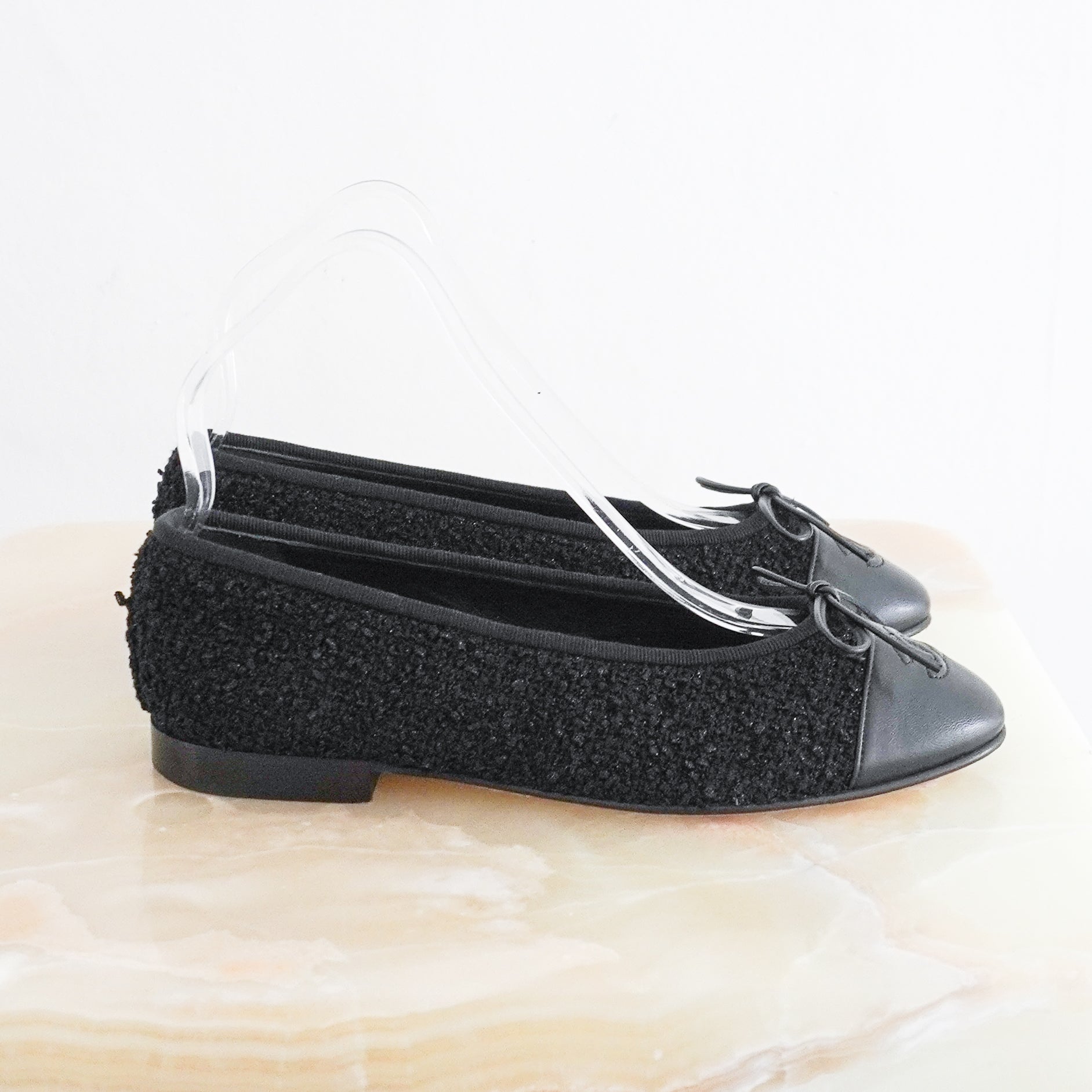 Chanel CC Tweed Ballet Flats in Black side photo chelsea london