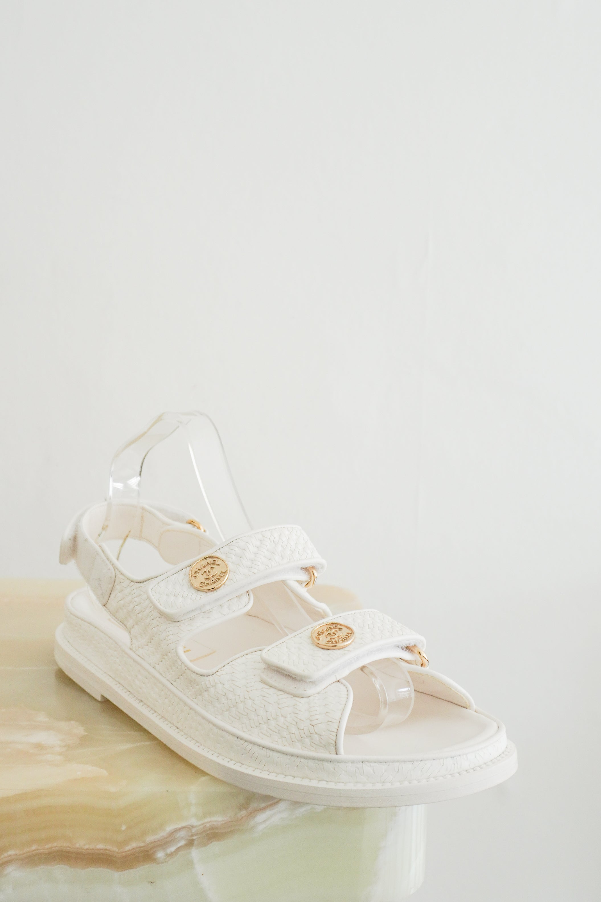 Chanel Dad Sandals White Textured Calfskin Leather & Gold-Tone Metal G35927 front photo chelsea london
