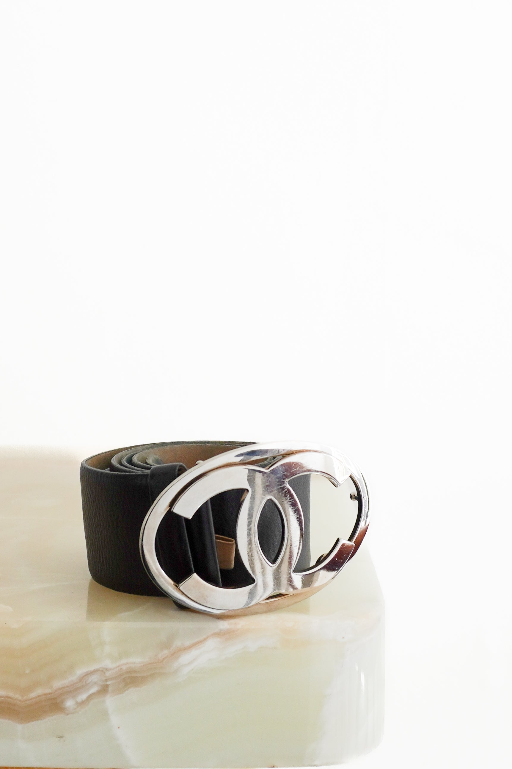 Chanel Gold-Tone CC Buckle Belt in Black Calfskin Leather front photo chelsea london