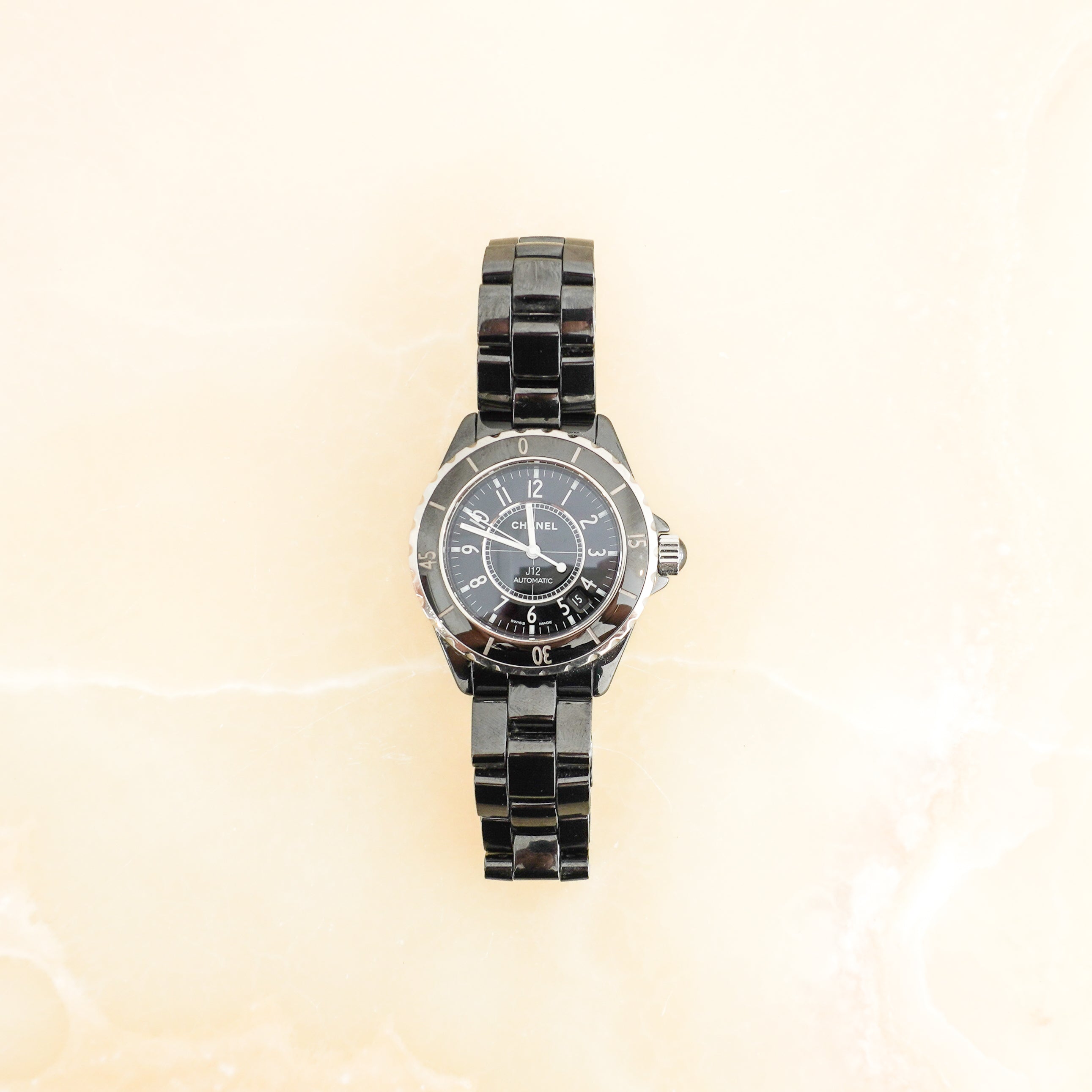 Chanel J12 Black Automatic Ceramic Watch 38mm close photo chelsea london