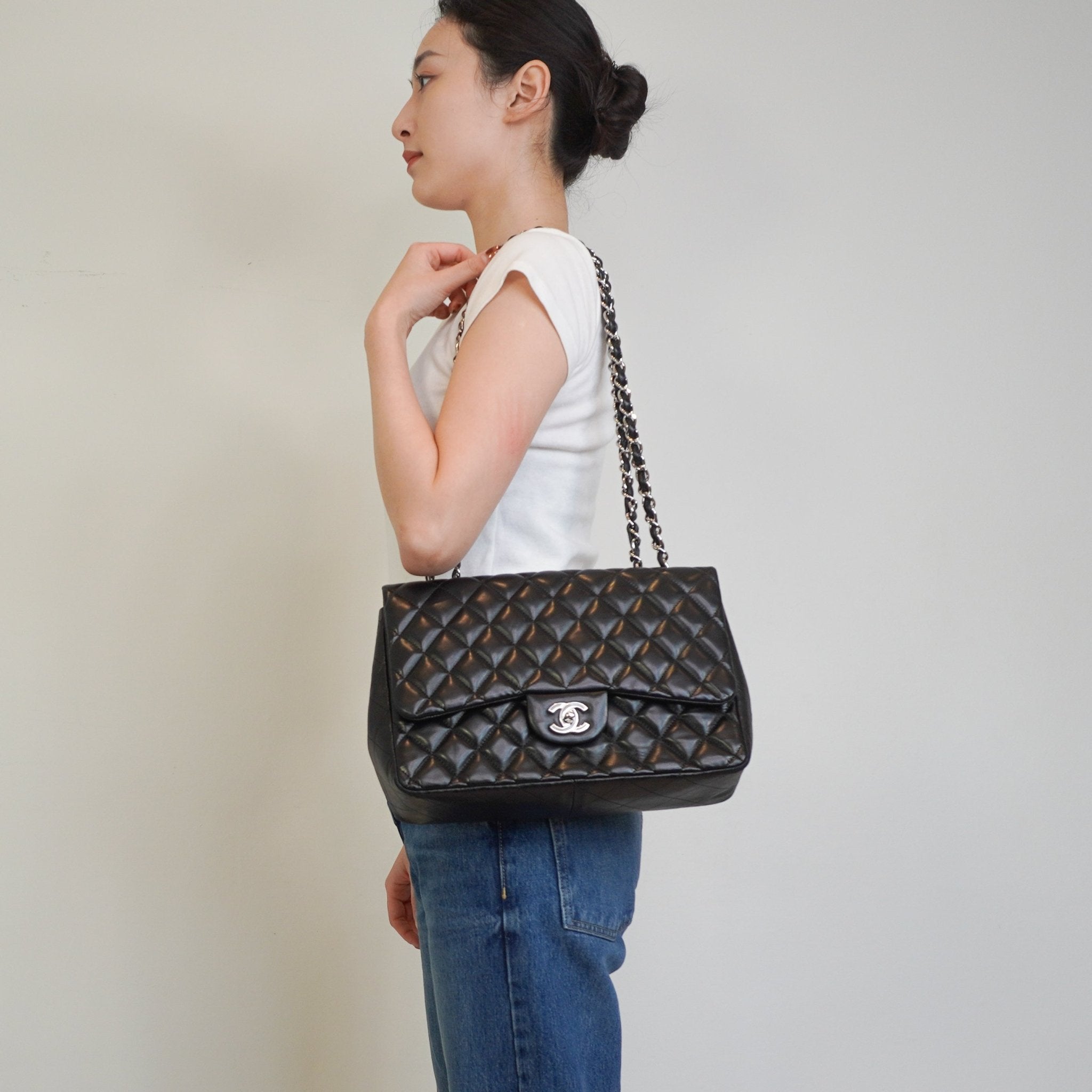 Chanel Jumbo Lambskin Classic Single Flap Bag Black RRP £10k | Authentic Preloved - Reloved Again