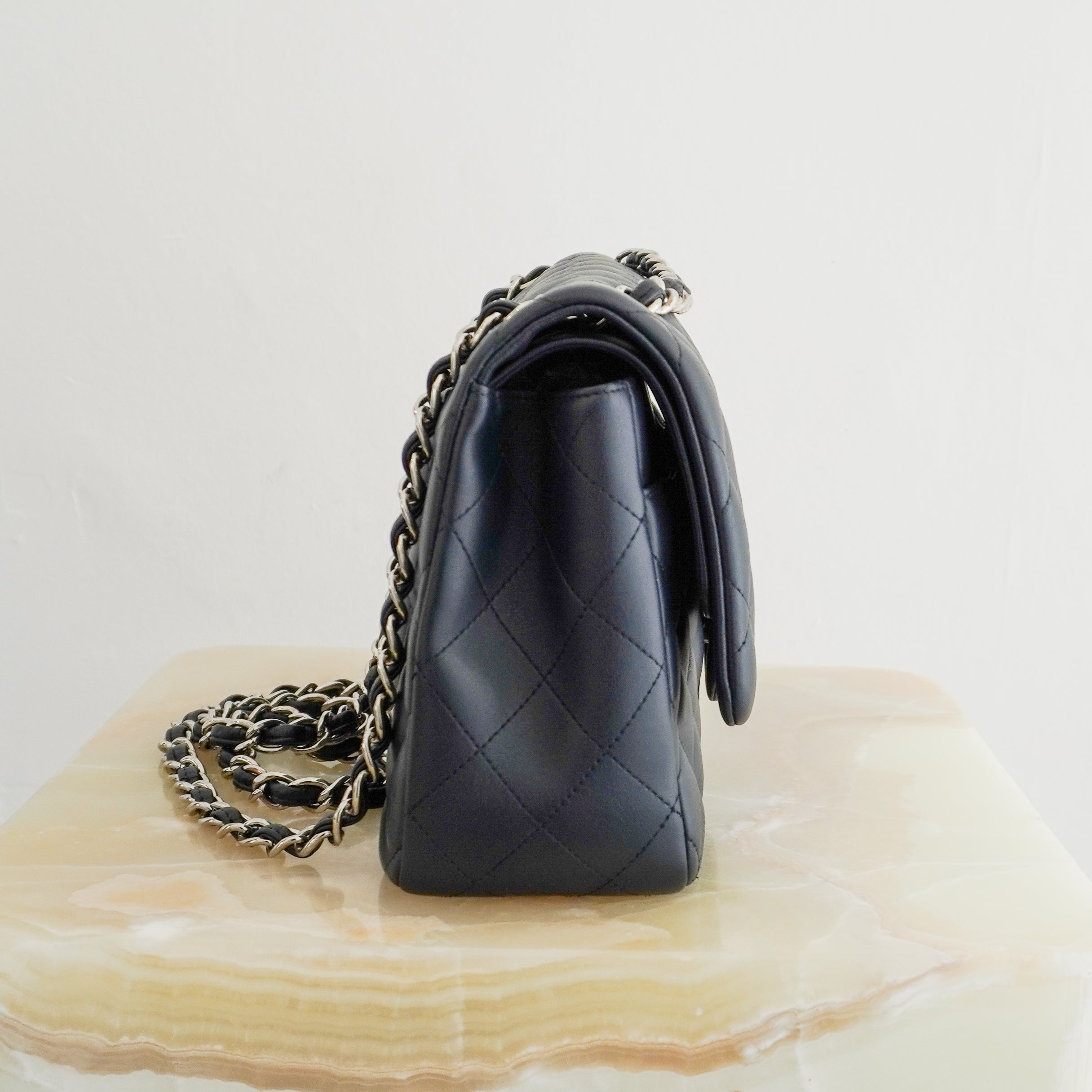 Chanel Large Classic Double Flap Bag Navy Lambskin with Silver Hardware side photo chelsea london