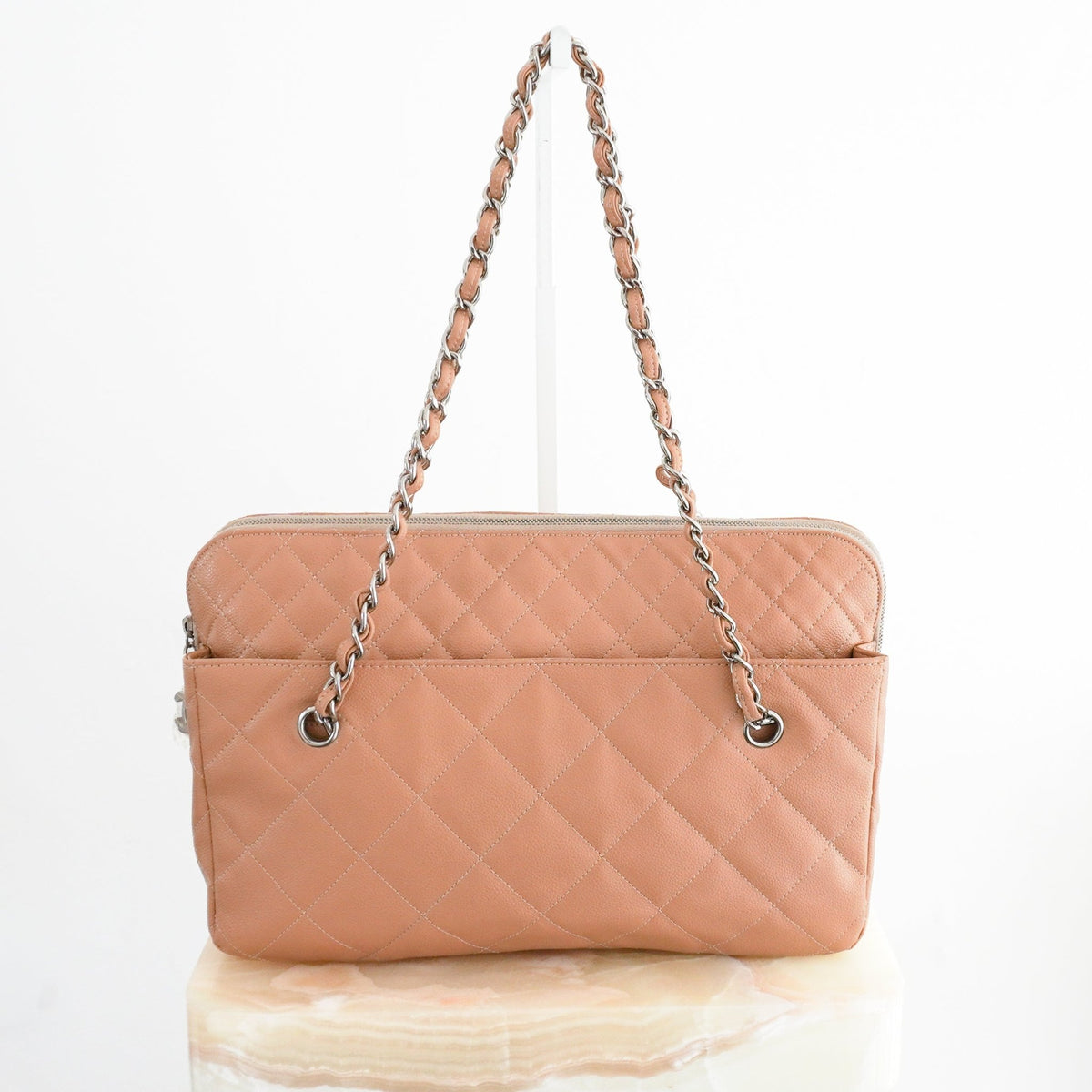 Chanel Vintage Beige Quilted Caviar Leather Zip Top Shoulder Bag | Authentic Preloved - Reloved Again