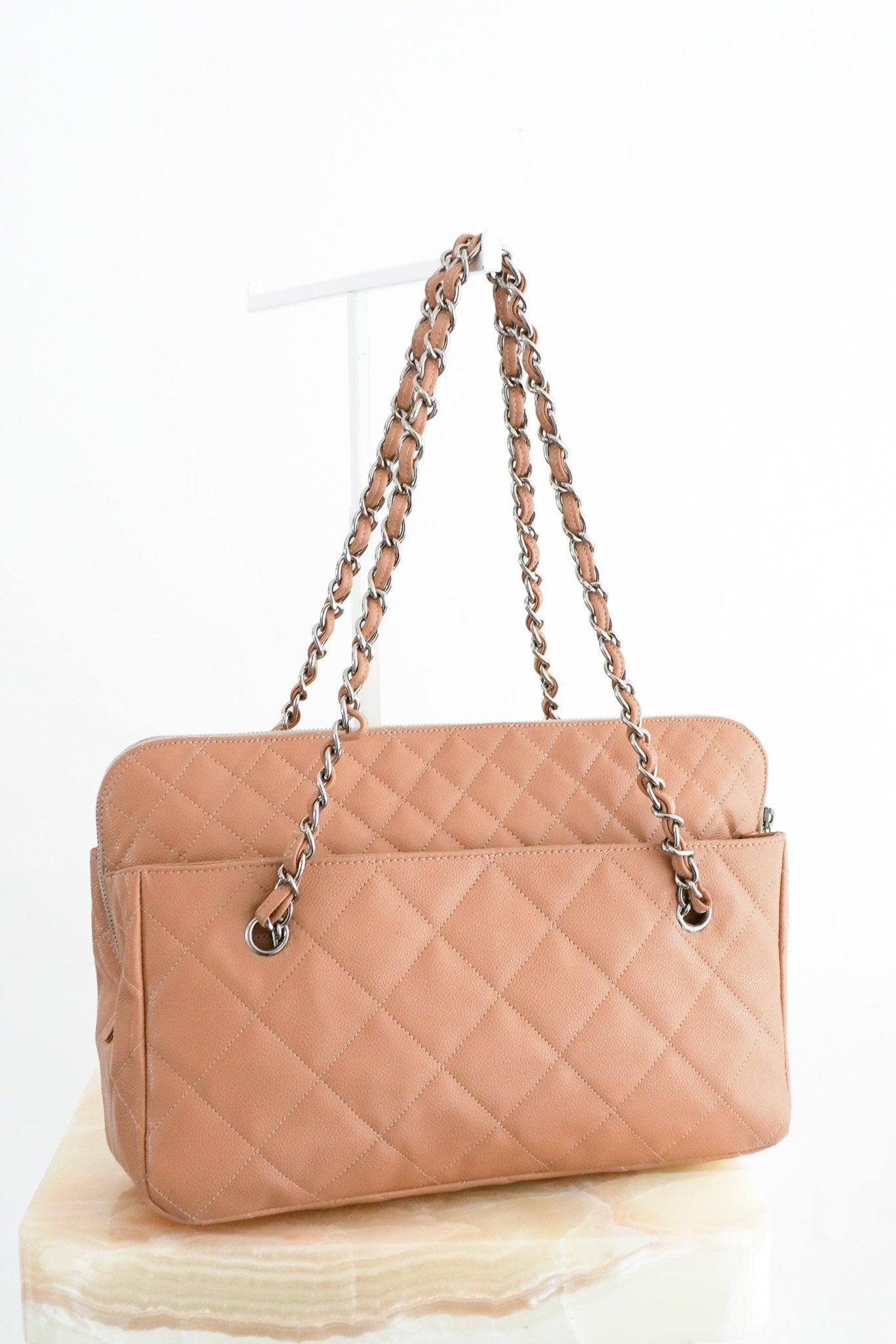 Chanel Vintage Beige Quilted Caviar Leather Zip Top Shoulder Bag | Authentic Preloved - Reloved Again