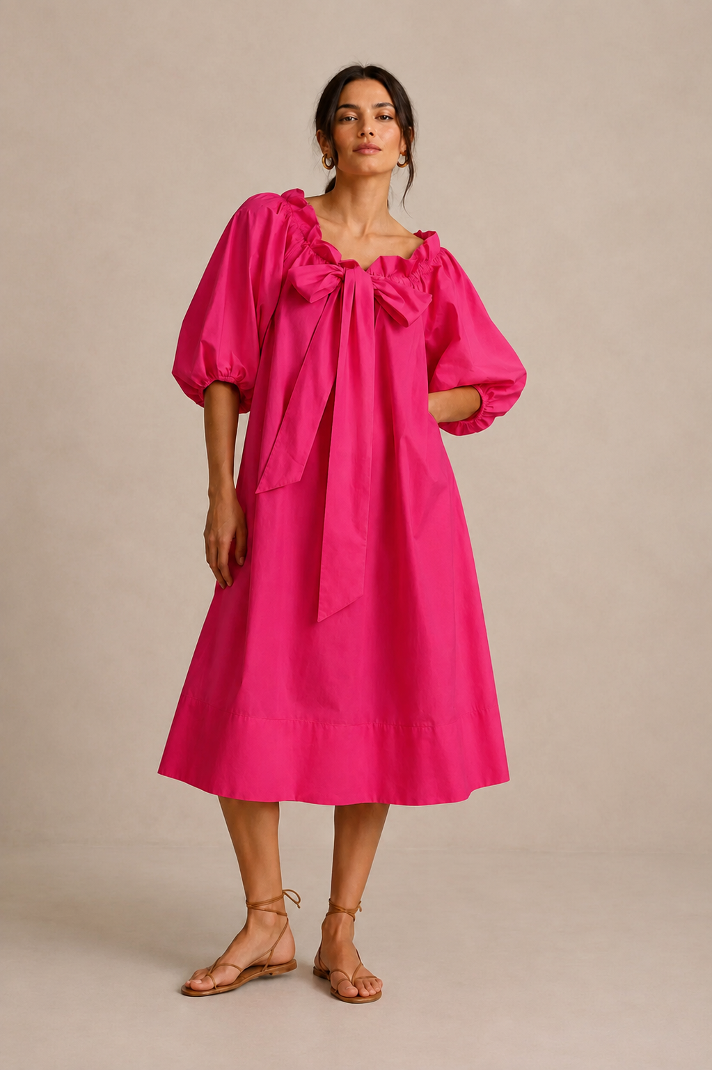 Stoned & Waisted Fuchsia Cotton Bow-Neck Kiki Dress (RRP £329) | Authentic Preloved