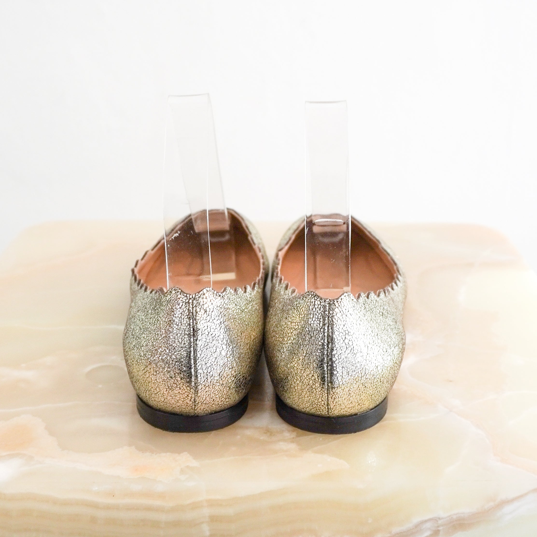 Chloé Lauren Scalloped Ballet Flats in Silver Metallic Leather back photo chelsea london