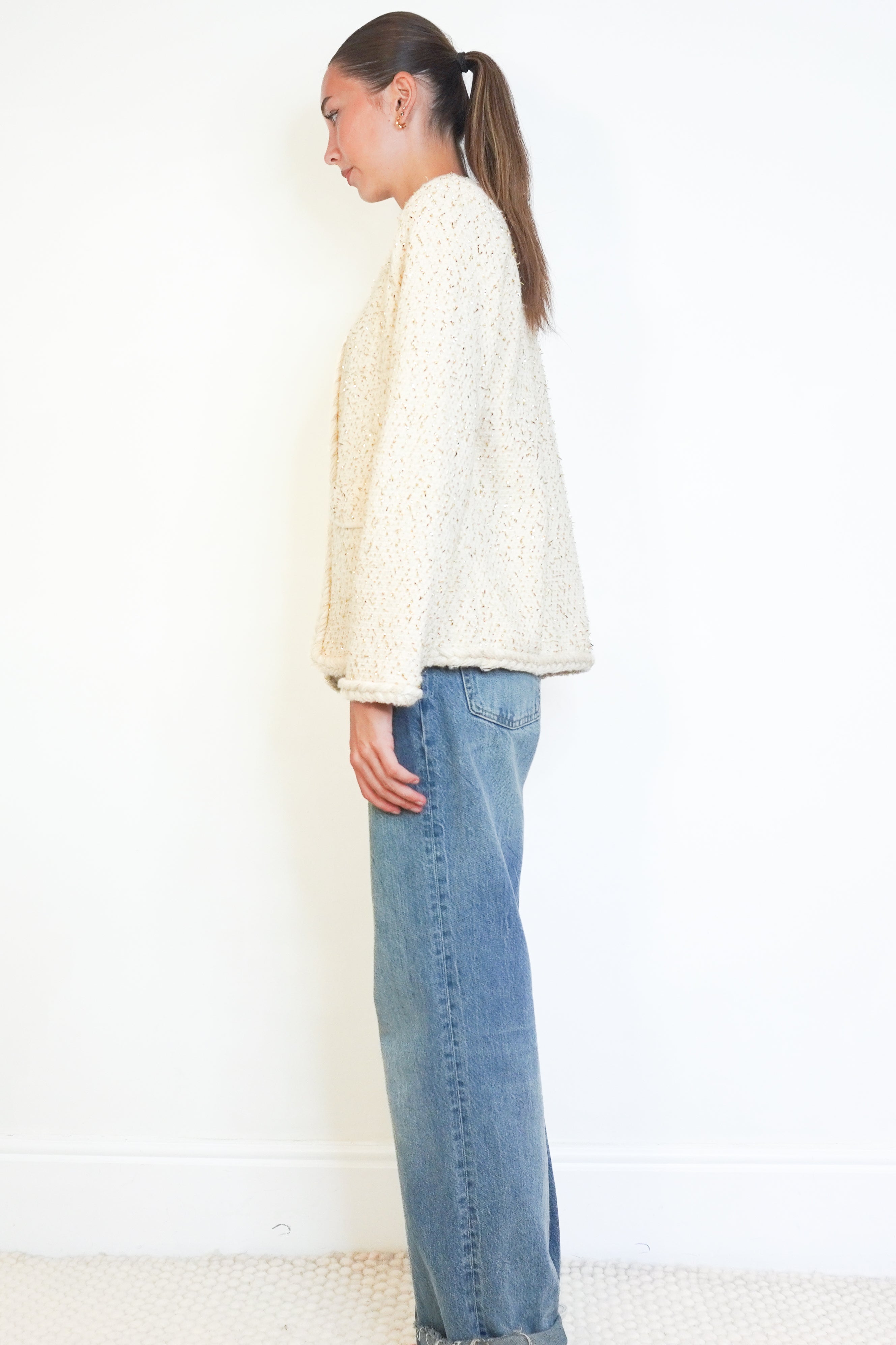 Claudie Pierlot Millenium Ecru & Gold Glittery Tweed Jacket side photo chelsea london