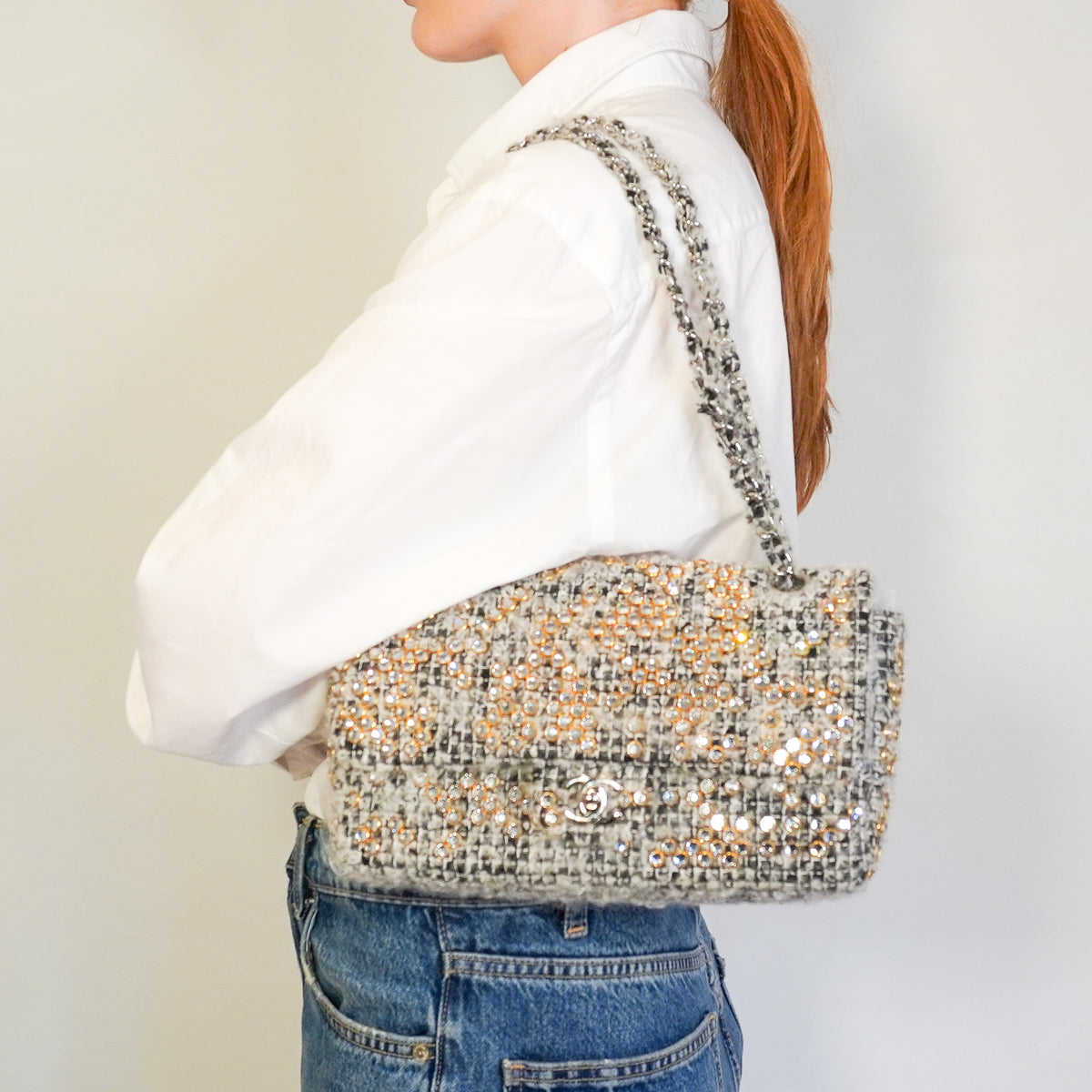 Chanel Grey Mohair Tweed Swarovski Crystal Medium Single Flap Bag | Authentic Preloved
