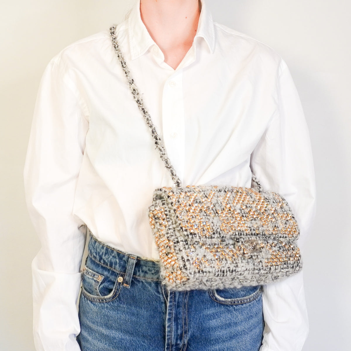 Chanel Grey Mohair Tweed Swarovski Crystal Medium Single Flap Bag | Authentic Preloved