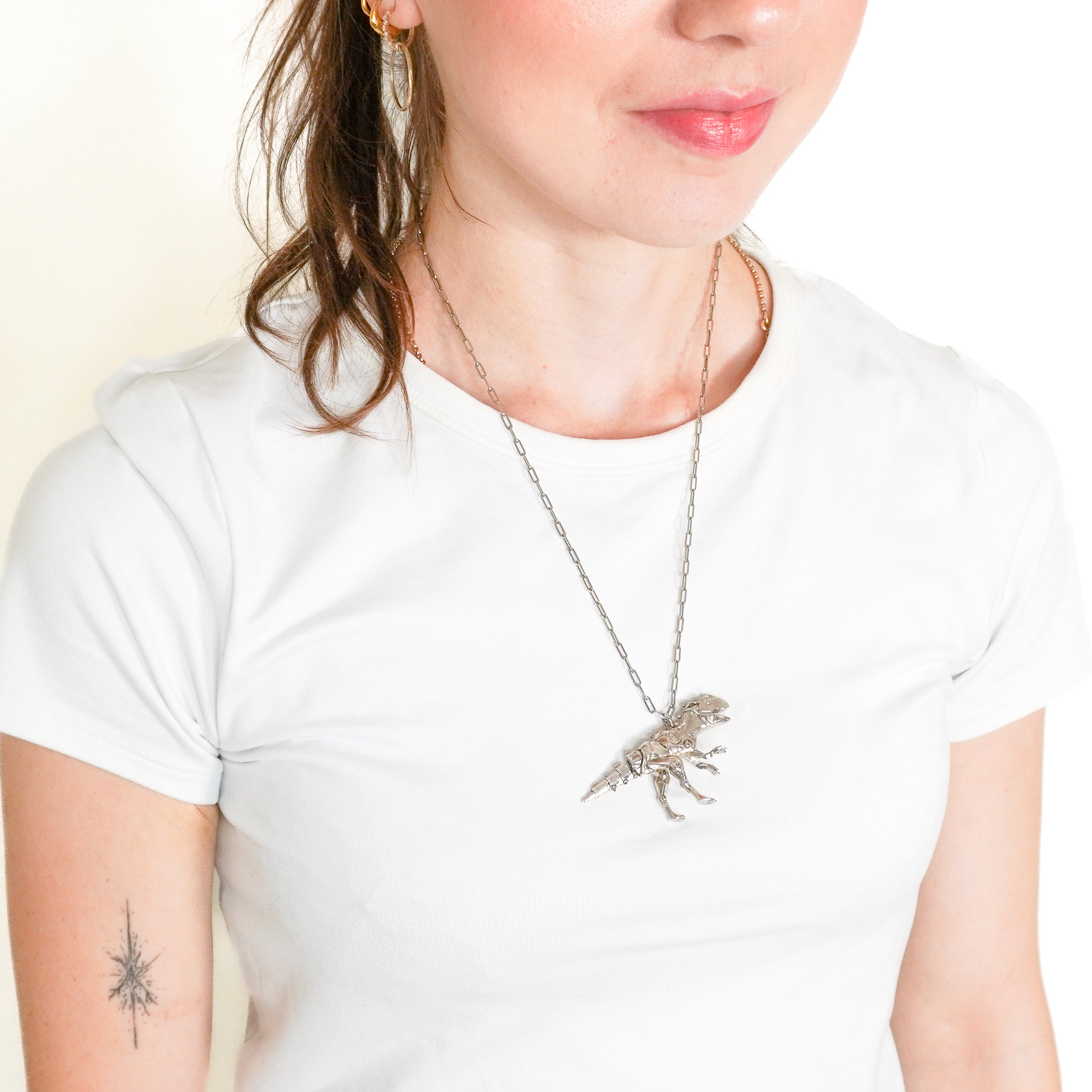 Dior Homme x Hajime Sorayama 2019 Robot Dinosaur Brass Necklace in Silver (RRP £760) | Authentic Preloved FINAL SALE