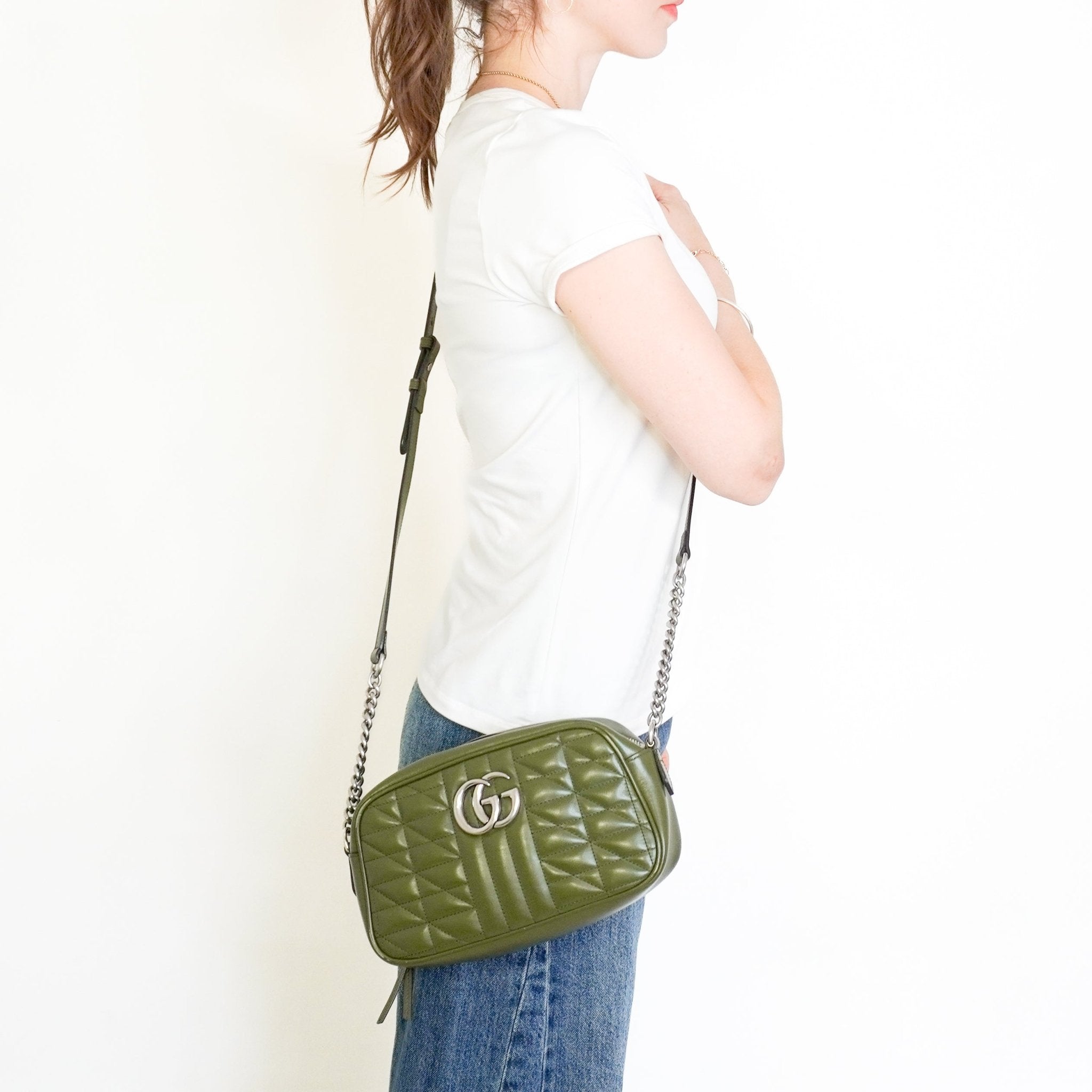 Gucci GG Marmont Small Matelassé Crossbody Bag in Olive Green (RRP £1460) | Authentic Preloved - Reloved Again