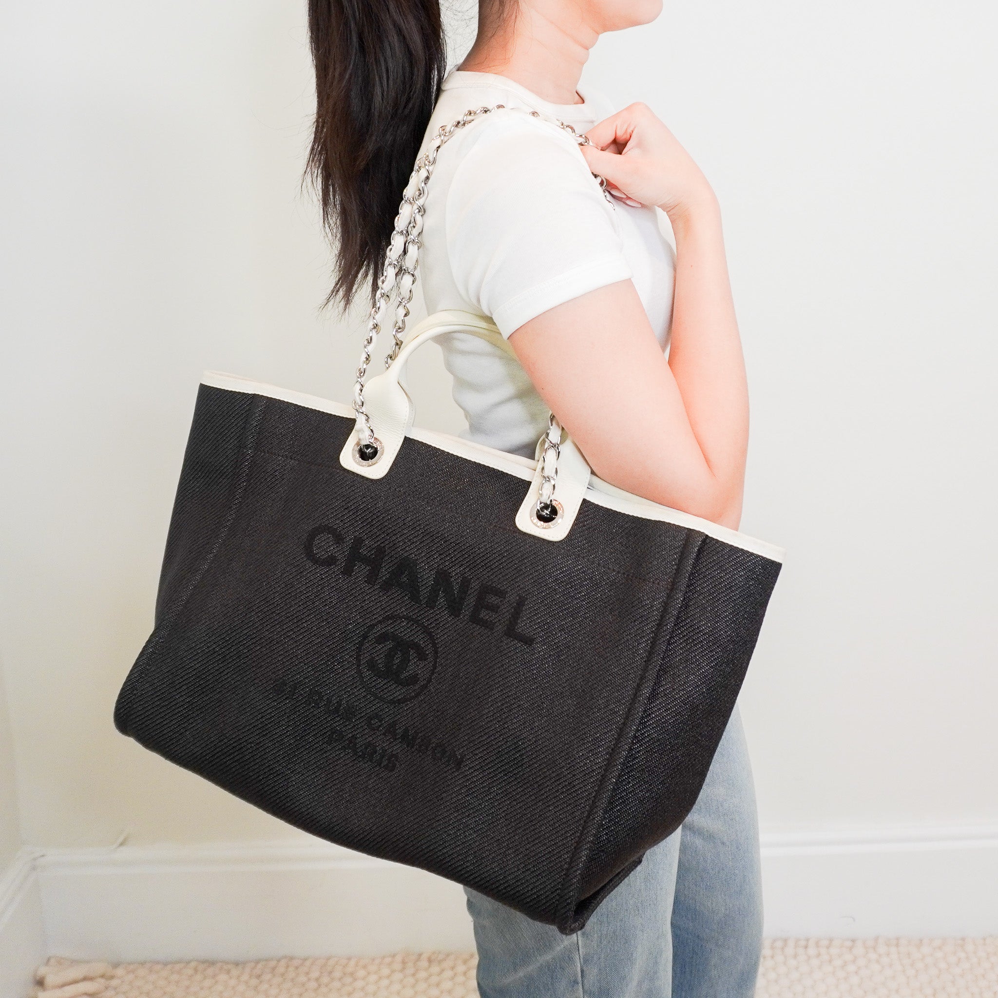 Chanel Black and White Canvas Deauville Tote Bag RRP £3800 | Authentic Preloved - Reloved Again