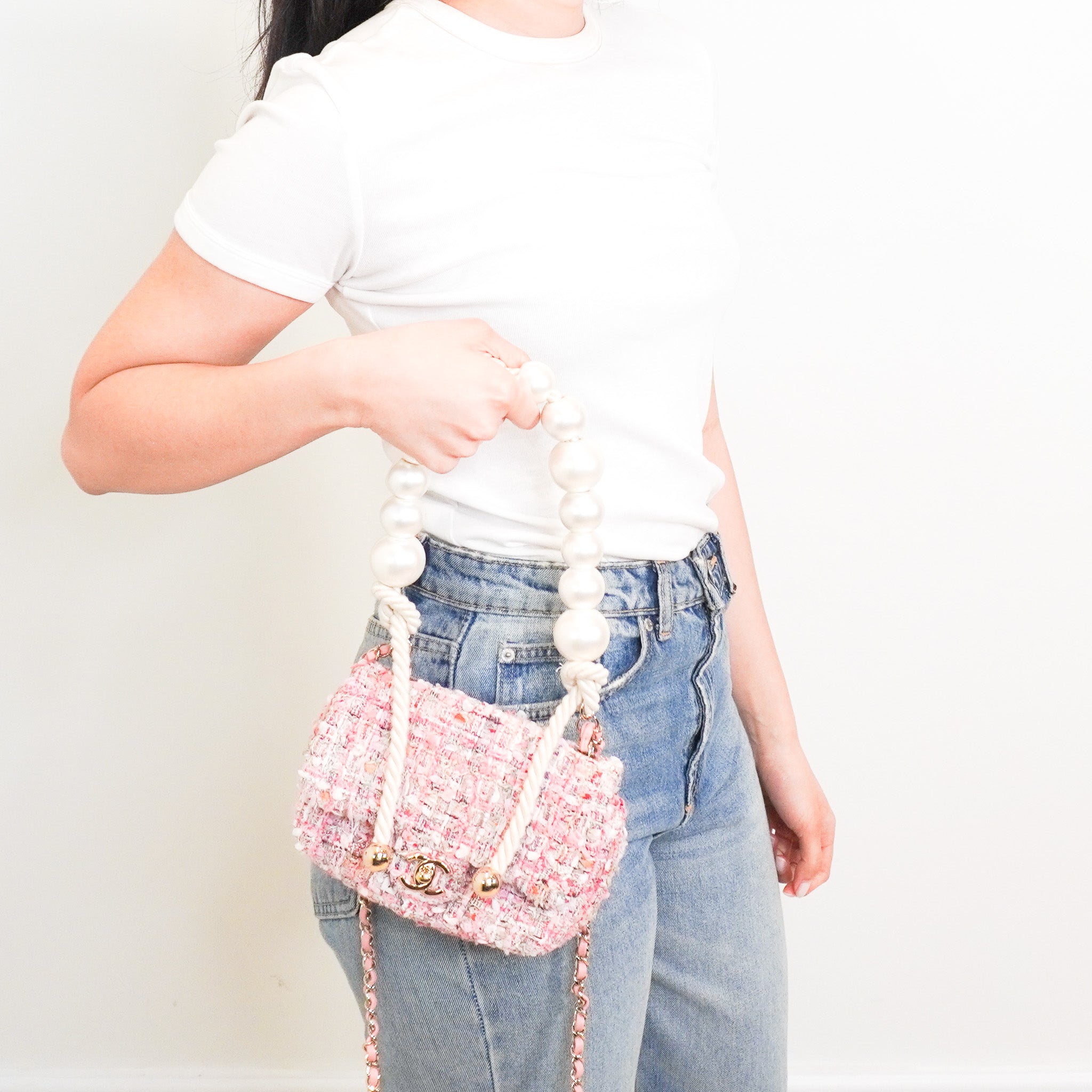 Chanel Pink Tweed Pearl Handle Mini Flap Bag RRP £4420 | Authentic Preloved - Reloved Again