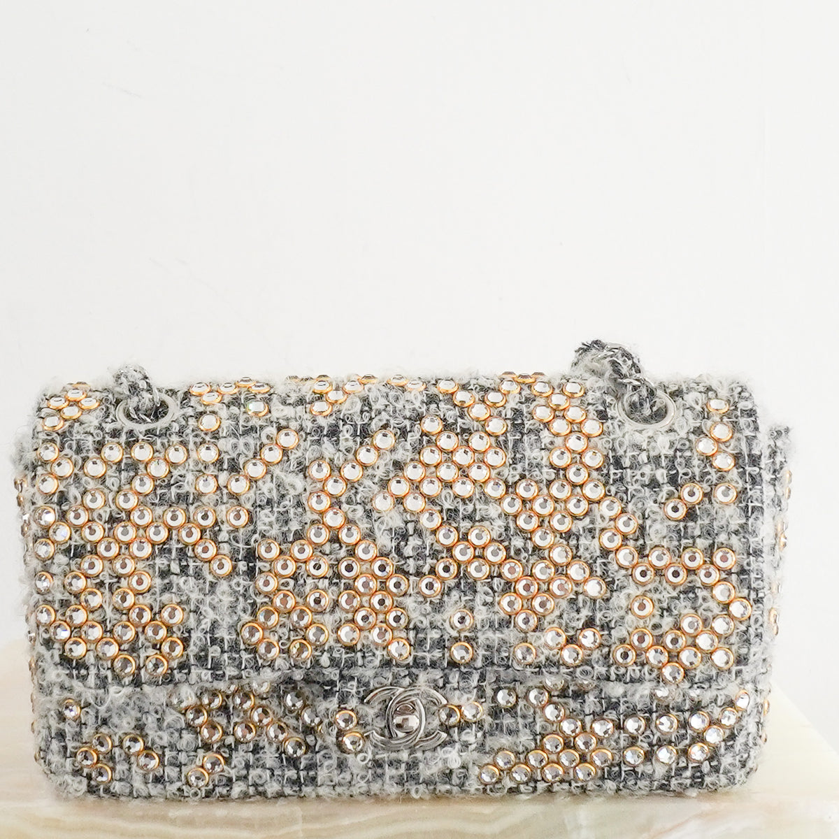 Chanel Grey Mohair Tweed Swarovski Crystal Medium Single Flap Bag | Authentic Preloved
