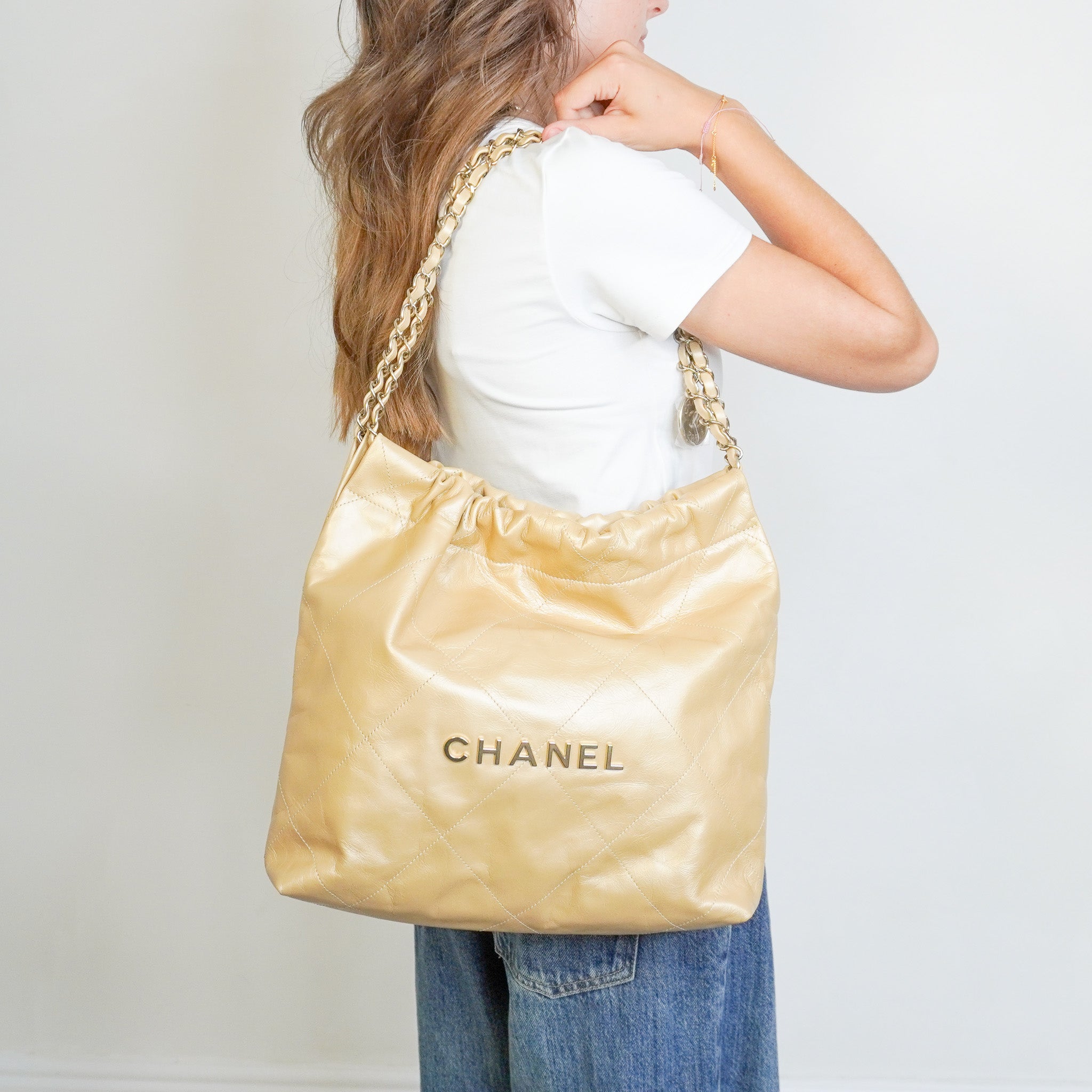 NEW Chanel 22 Small Hobo Bag in Gold Shiny Calfskin | Authentic Preloved
