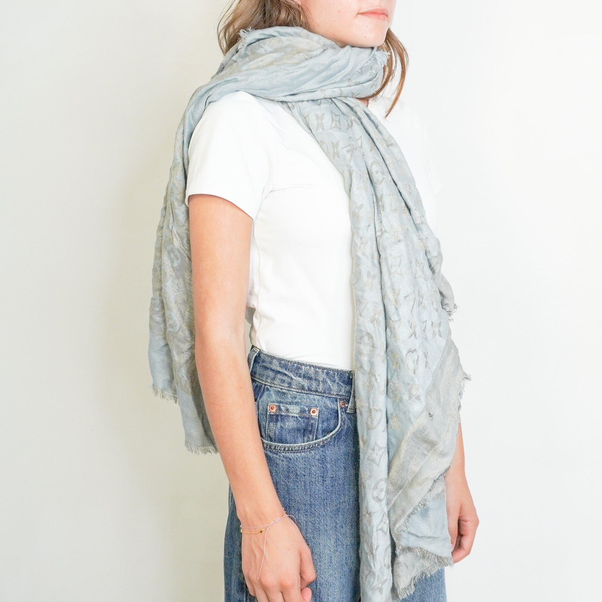 Louis Vuitton Blue and Silver Monogram Scarf (RRP £535) | Authentic Preloved FINAL SALE