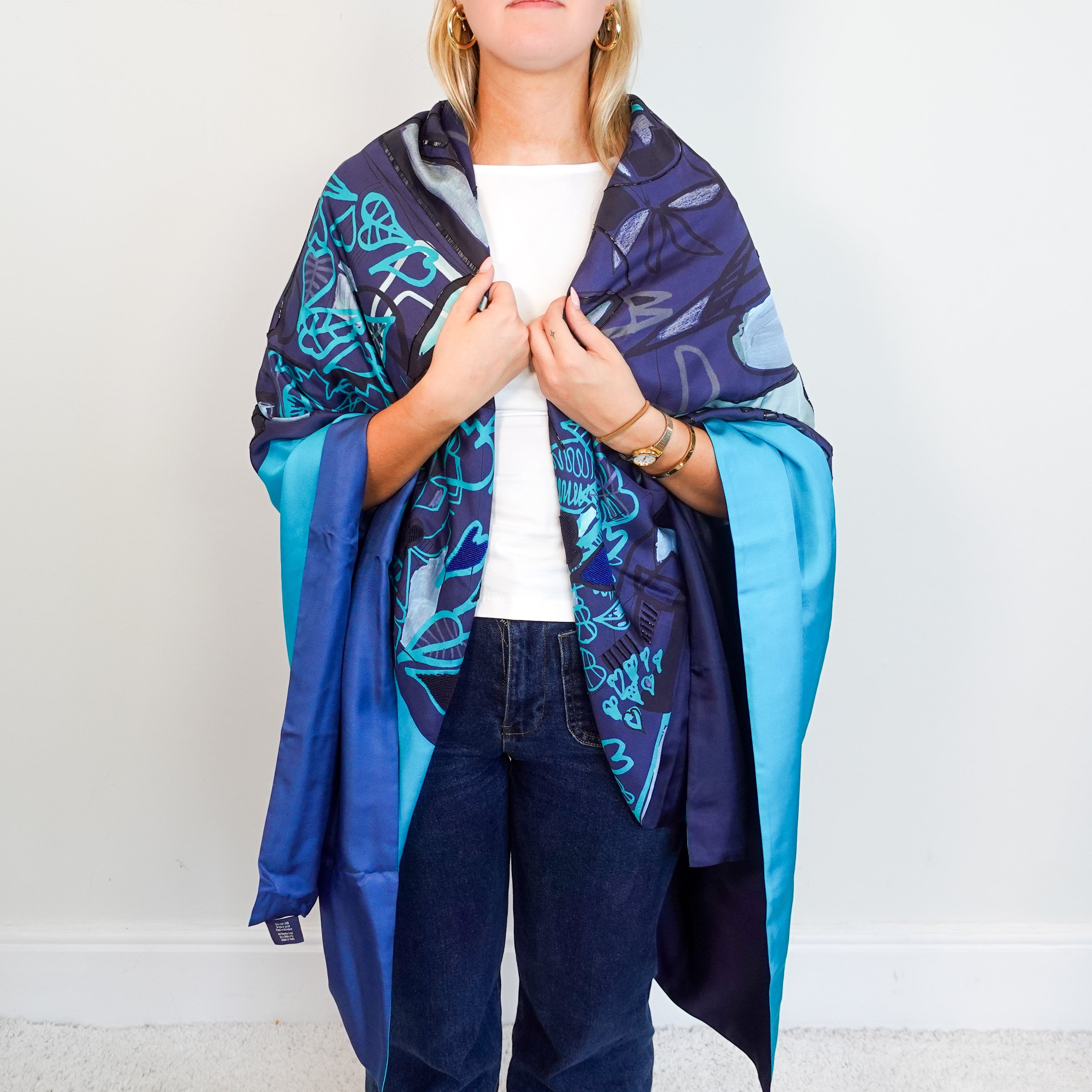 Hermes Glass Bead Abstract Dark Blue Giant Shawl RRP £5410 | Preloved Authentic
