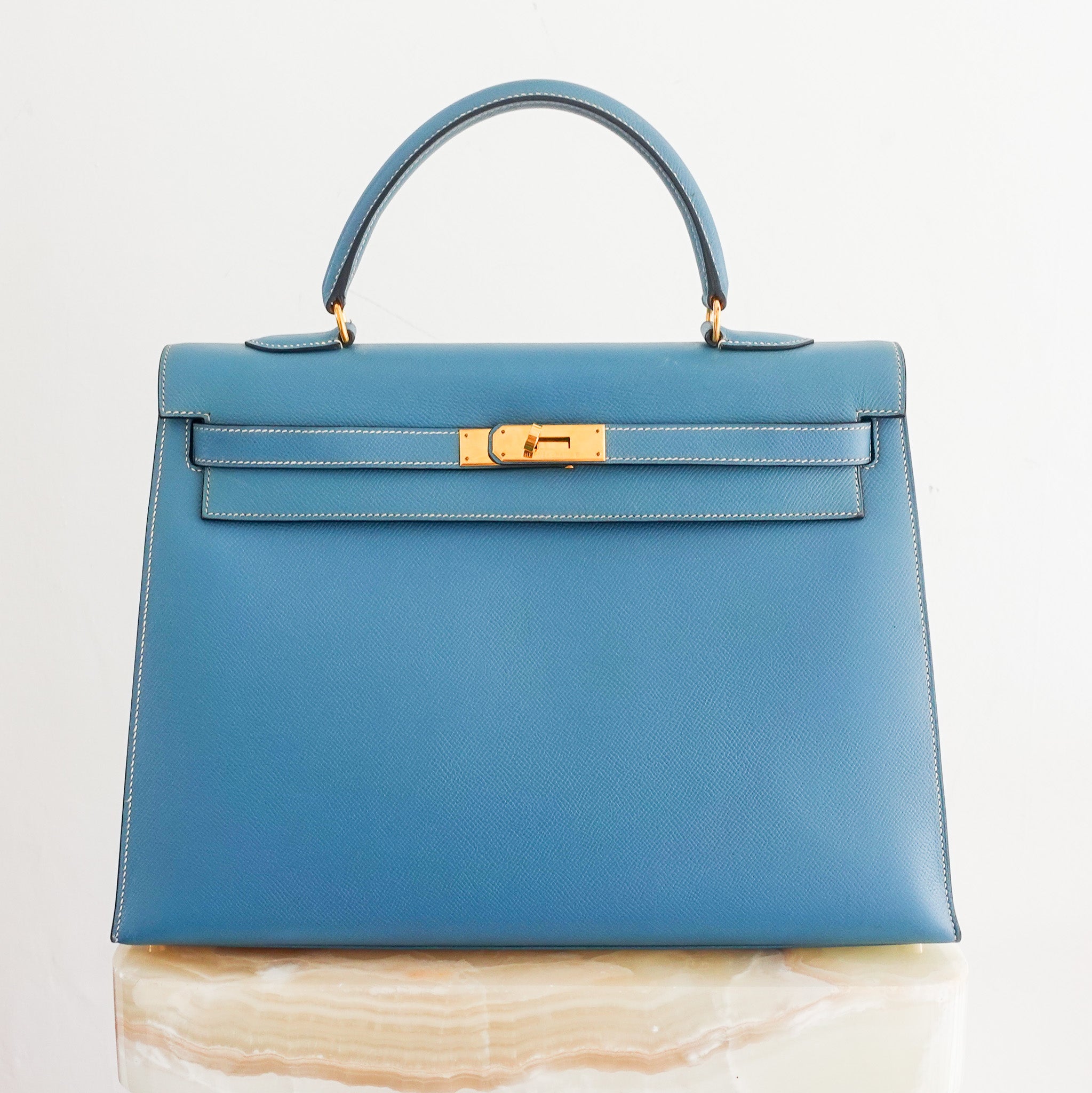 Hermes Kelly 35 - Epsom leather blue jean gold hardware | Authentic Preloved - Reloved Again