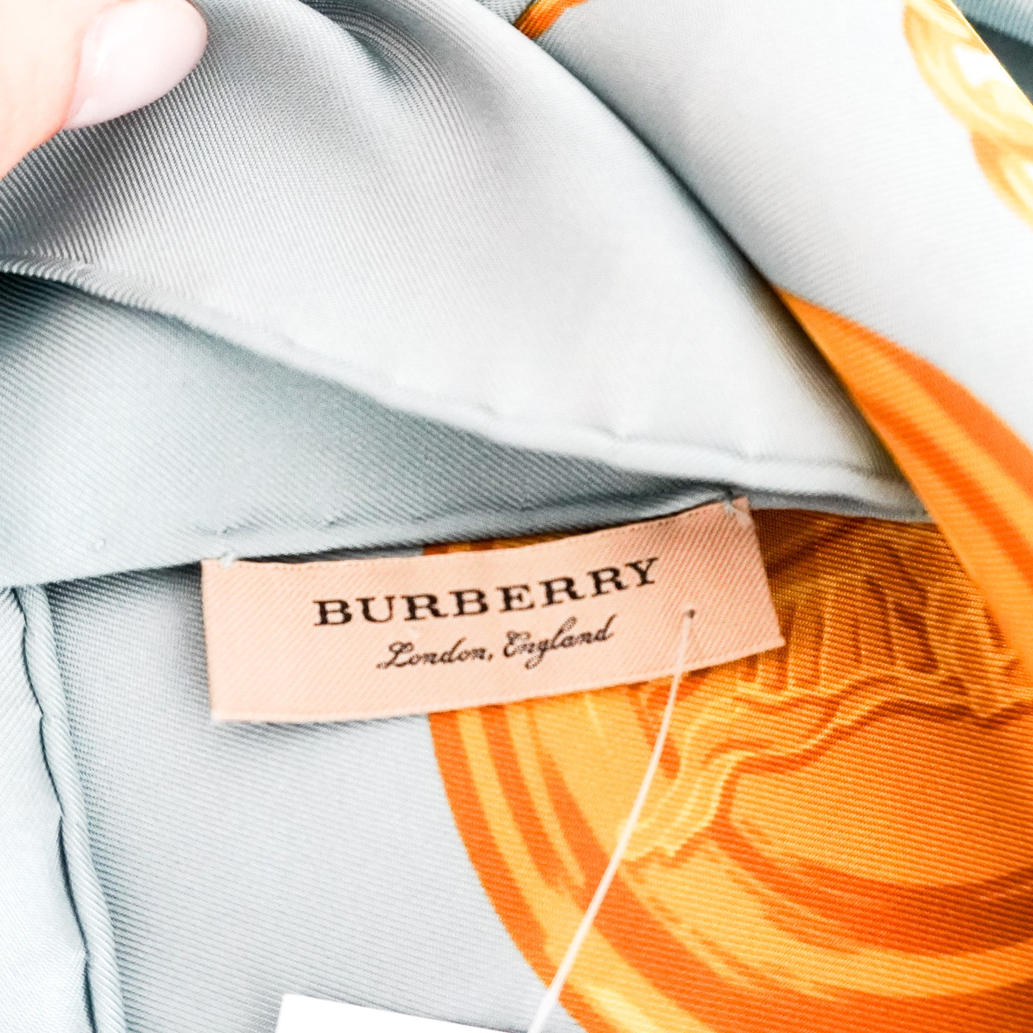 Burberry Printed Blue And Gold Silk Scarf RRP £375 | Authentic Preloved - Reloved Again