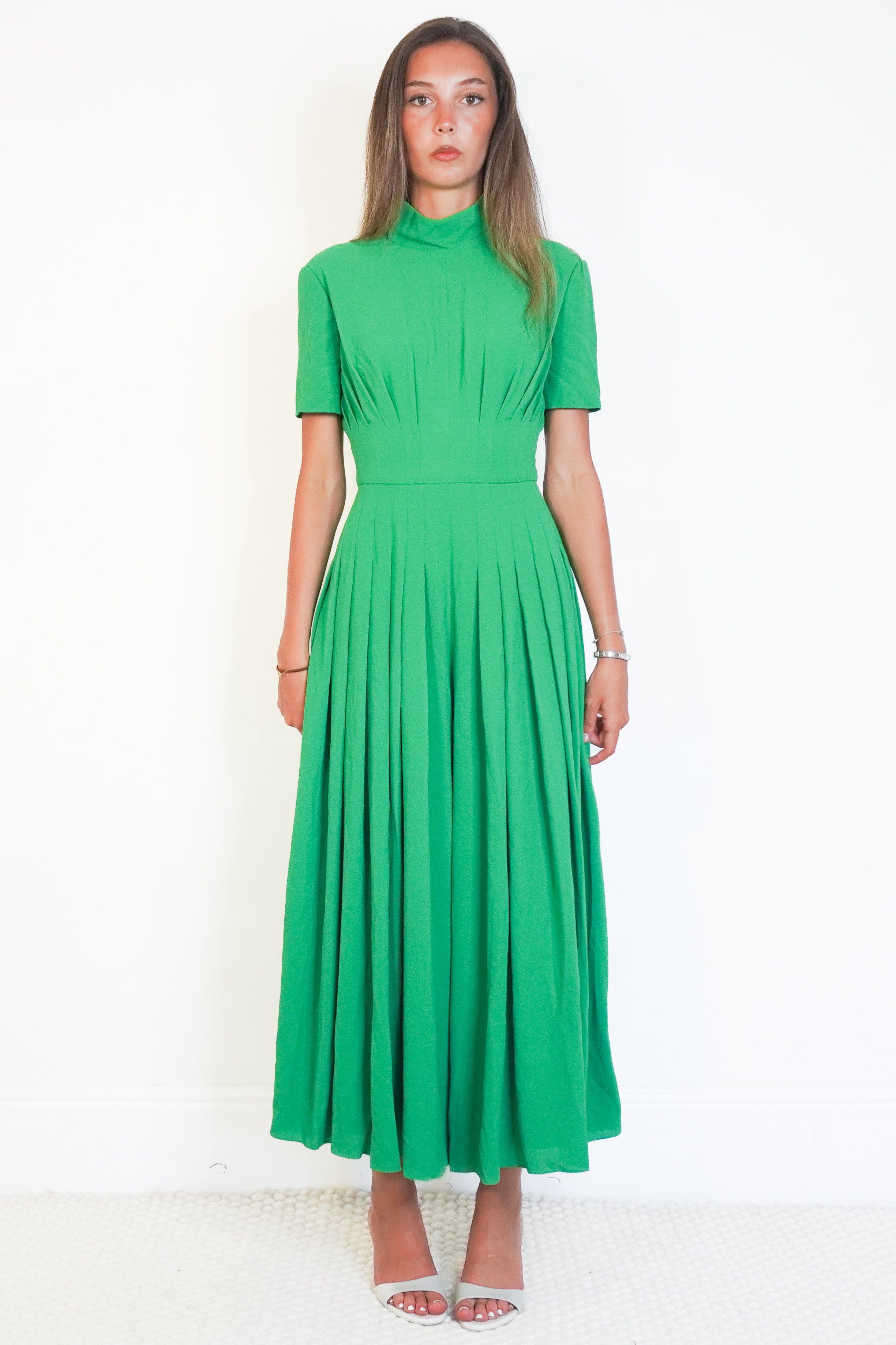 NEW Emilia Wickstead Green Pleated Crepe Midi Dress (RRP £1420) | Authentic Preloved