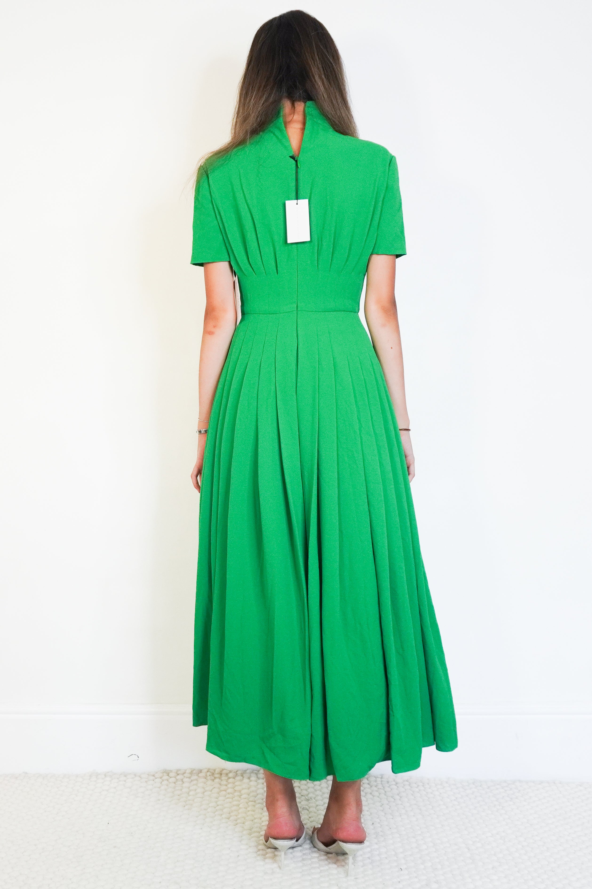 NEW Emilia Wickstead Green Pleated Crepe Midi Dress (RRP £1420) | Authentic Preloved