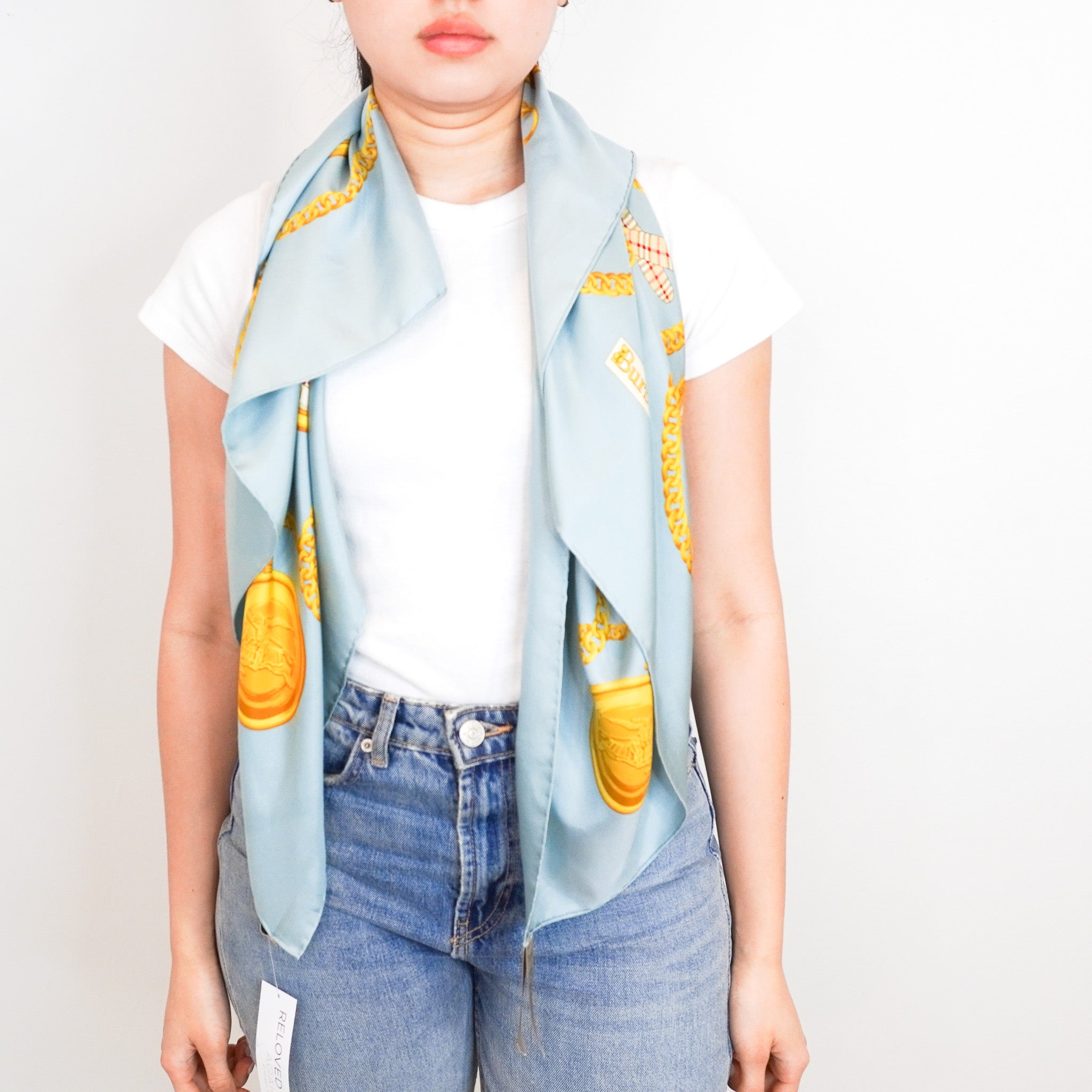 Burberry Printed Blue And Gold Silk Scarf RRP £375 | Authentic Preloved - Reloved Again