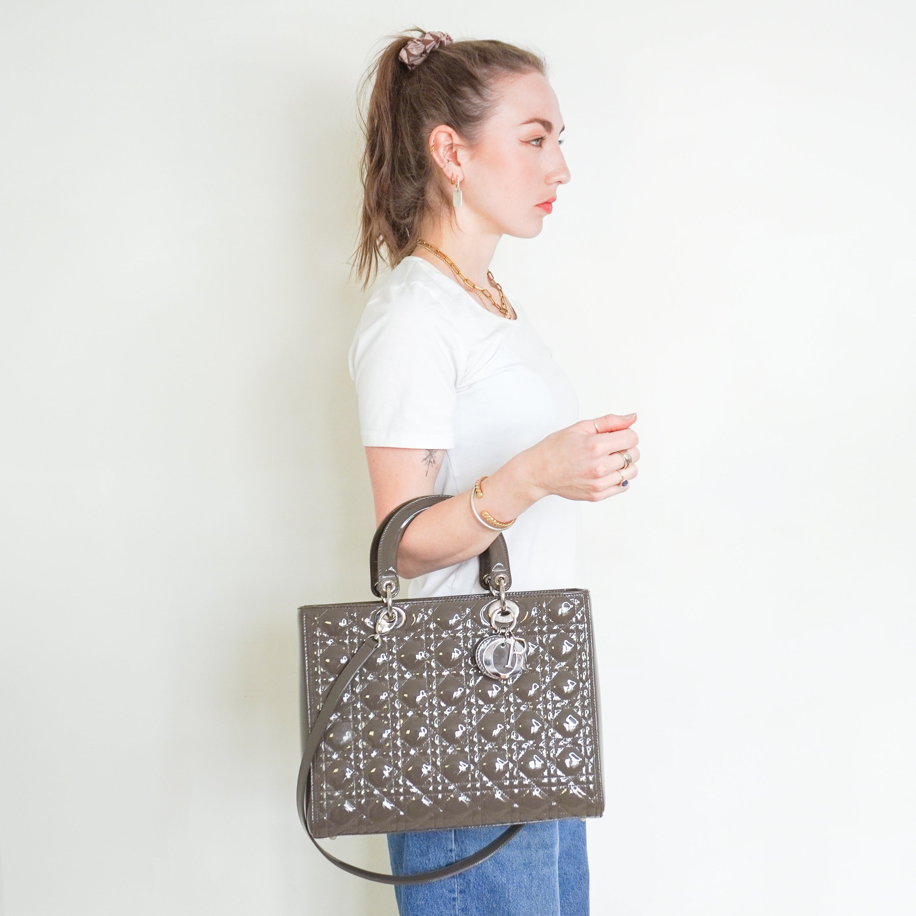 Dior Patent Cannage Large Lady Dior in Grey RRP £5600 | Authentic Preloved