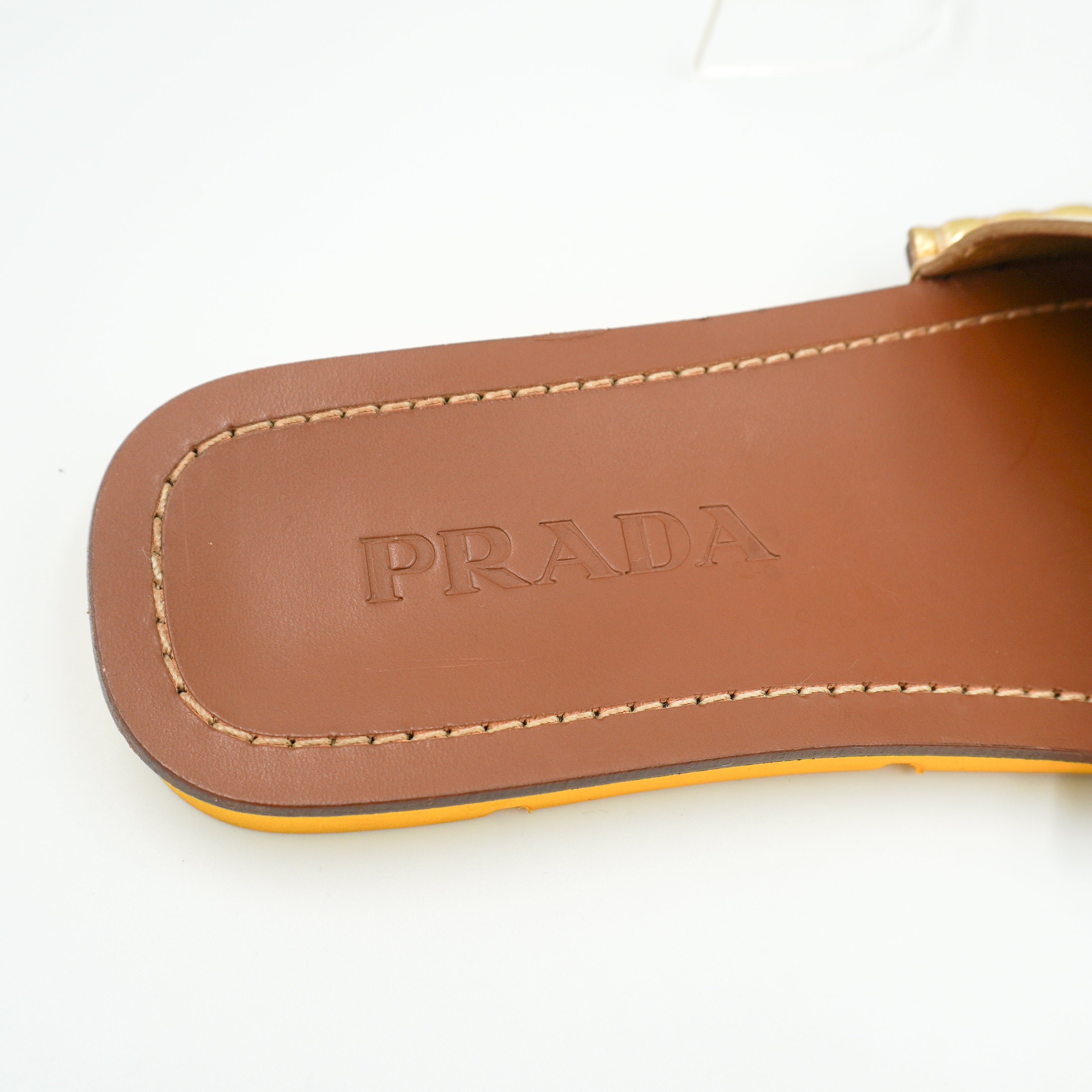 Prada Lightning Metallic Leather Slide Sandals in Gold (RRP £550) | Authentic Preloved FINAL SALE