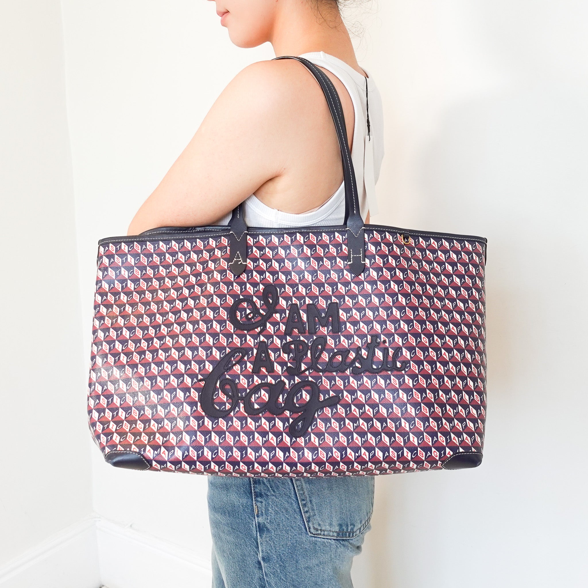 Anya Hindmarch I Am A Plastic Bag Zipped Motif Navy Tote RRP £600 | Authentic Preloved