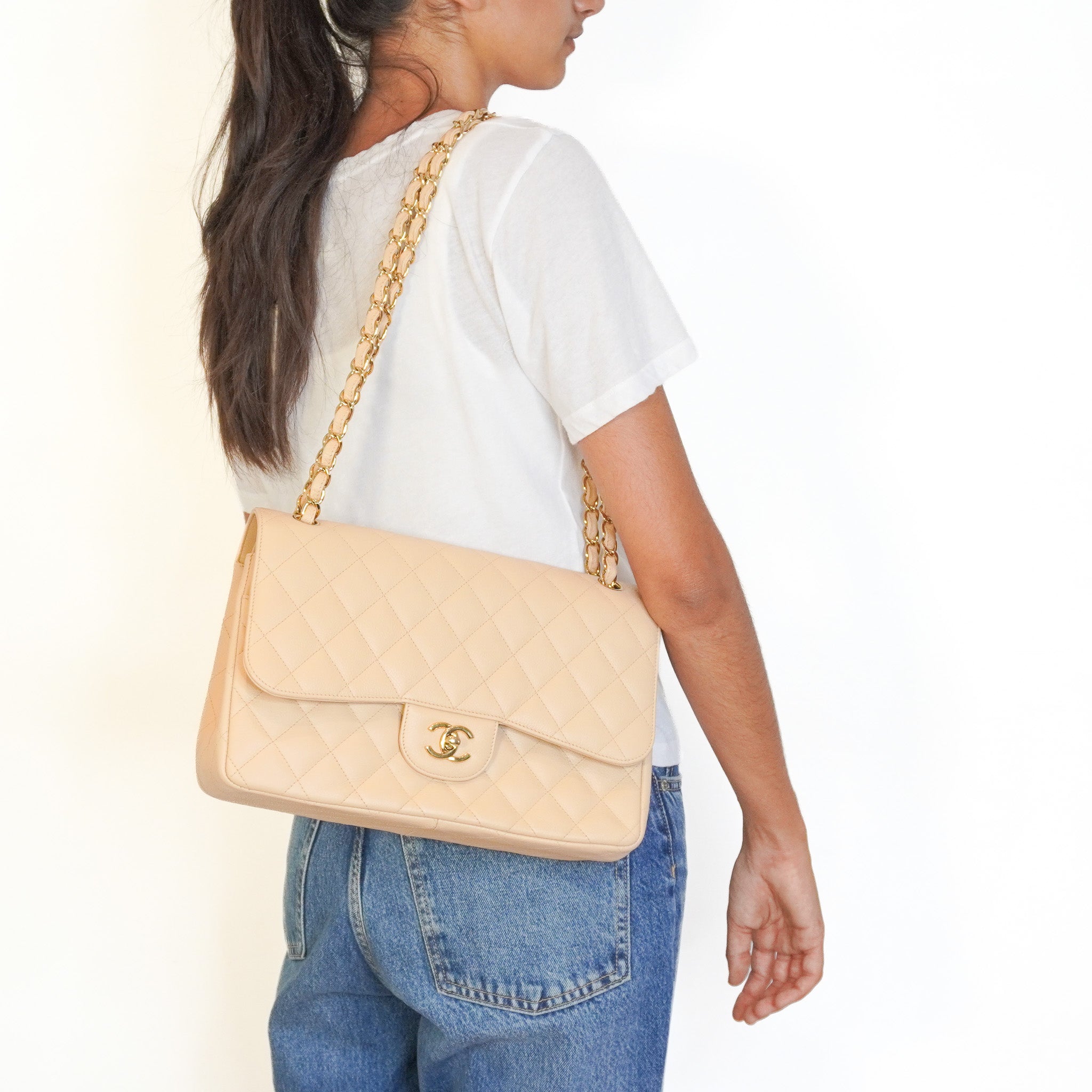 Chanel Jumbo Classic Double Flap Bag in Beige Caviar Leather RRP (£9830) | Authentic Preloved