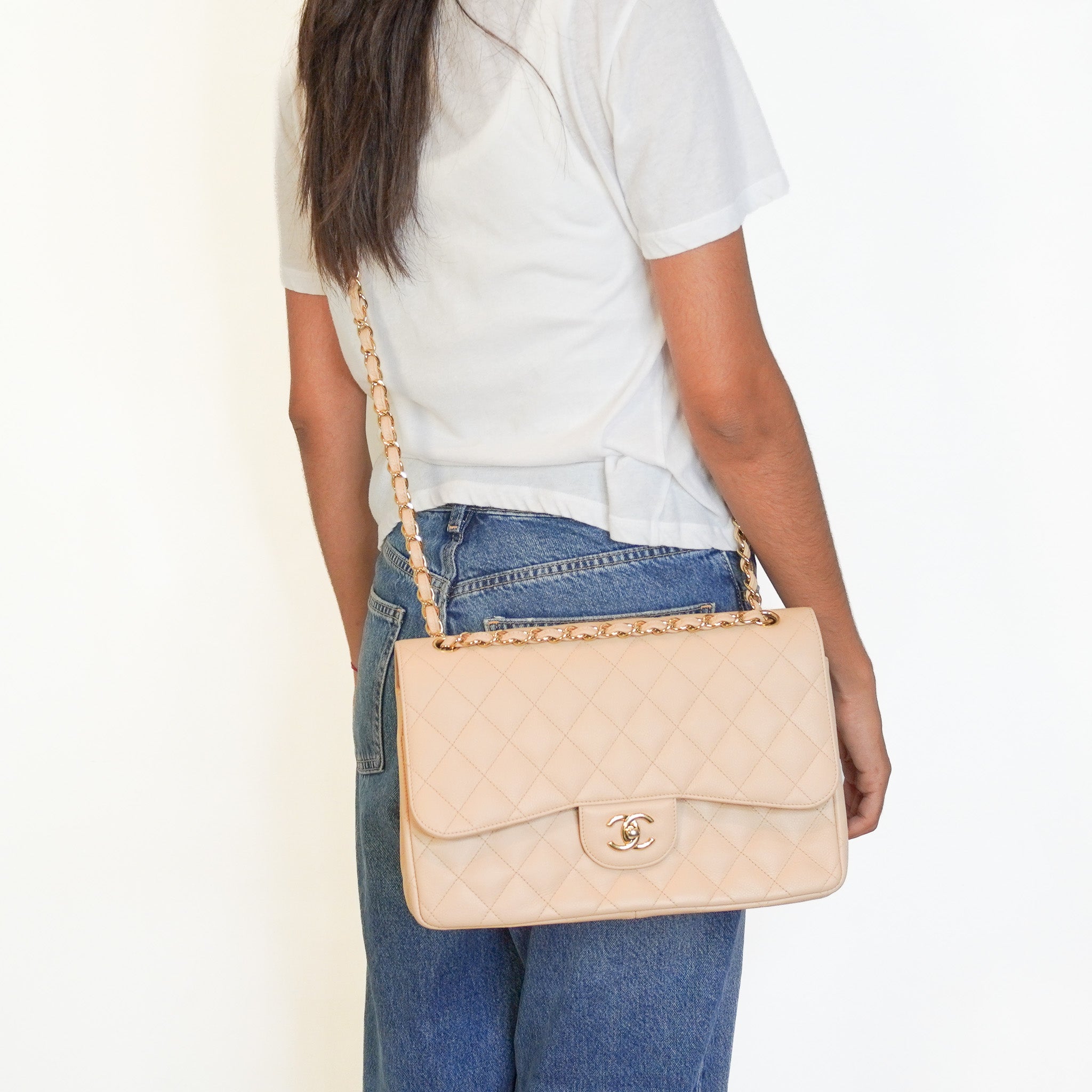Chanel Jumbo Classic Double Flap Bag in Beige Caviar Leather RRP (£9830) | Authentic Preloved