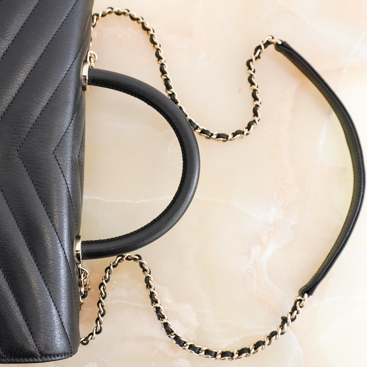 Chanel Coco Top Handle Black Chevron Quilted Leather Bag | Authentic Preloved - Reloved Again