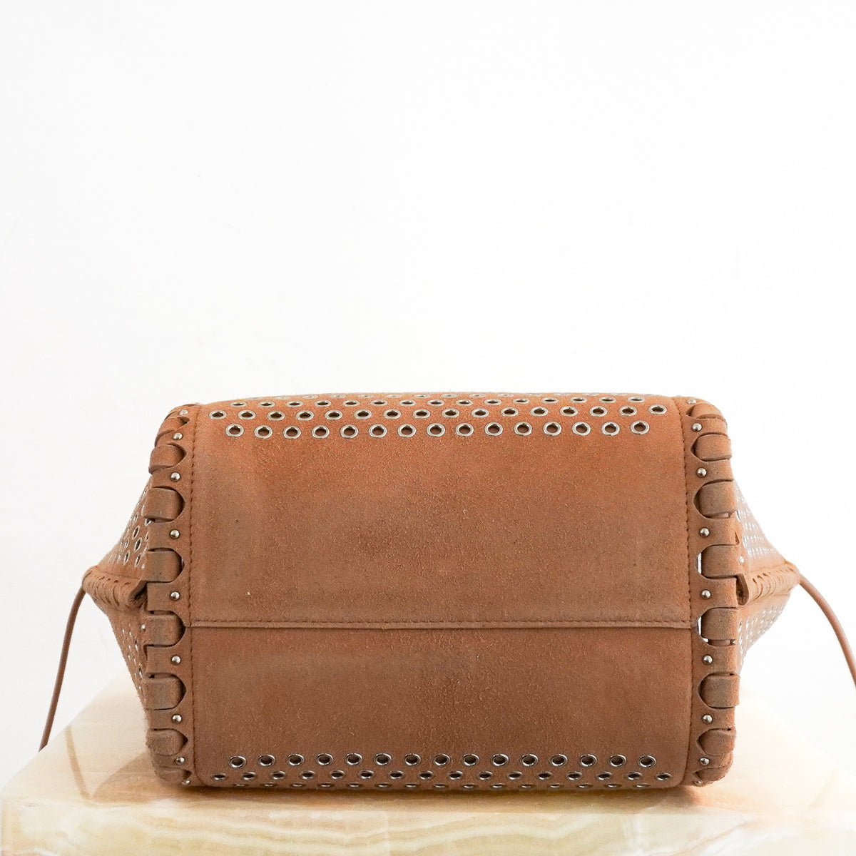 Alaïa Le Hinge Small Eyelet Tote Bag in Tan Suede (RRP £1680) | Authentic Preloved