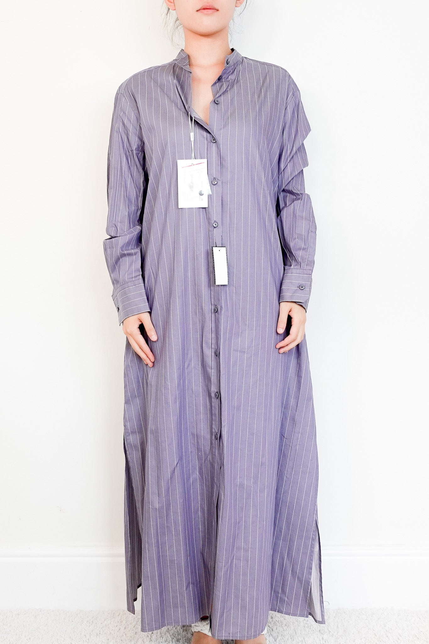 Max Mara Grey Maxi Shirt Dress with White Stripes RRP £250 | Authentic Preloved - Reloved Again