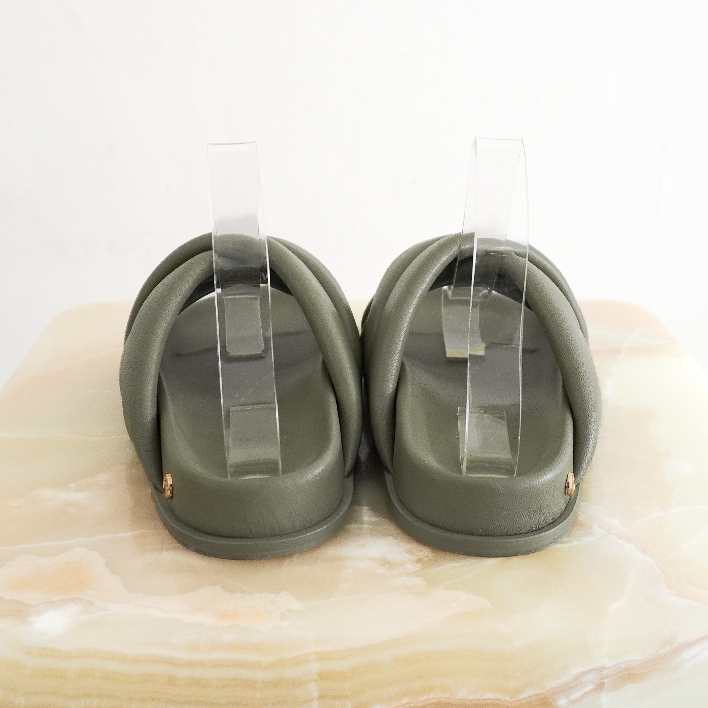 Anine Bing Padded Leather Slides in Sage Green (RRP £435) | Authentic Preloved