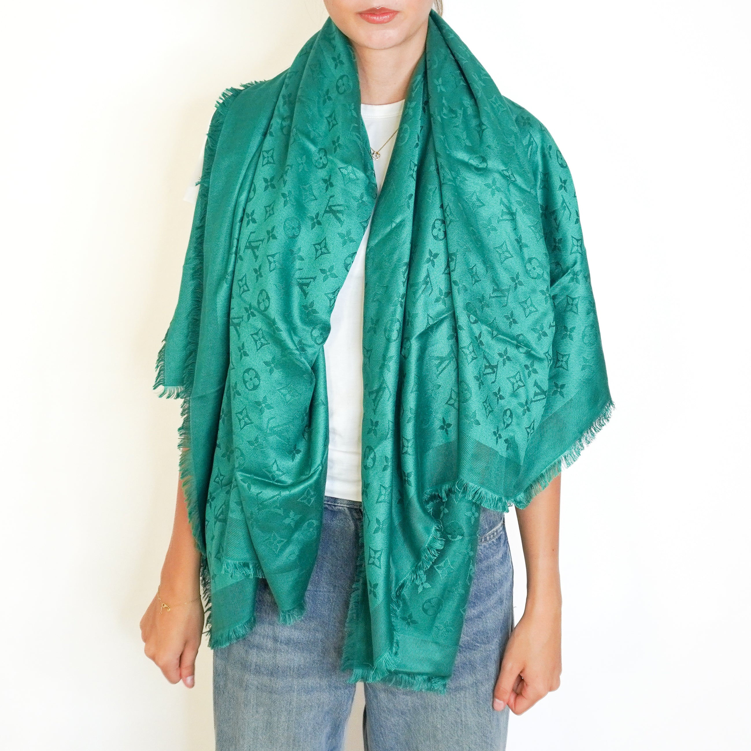 Louis Vuitton Green Monogram Silk Wool Shawl (RRP £485) | Authentic Preloved