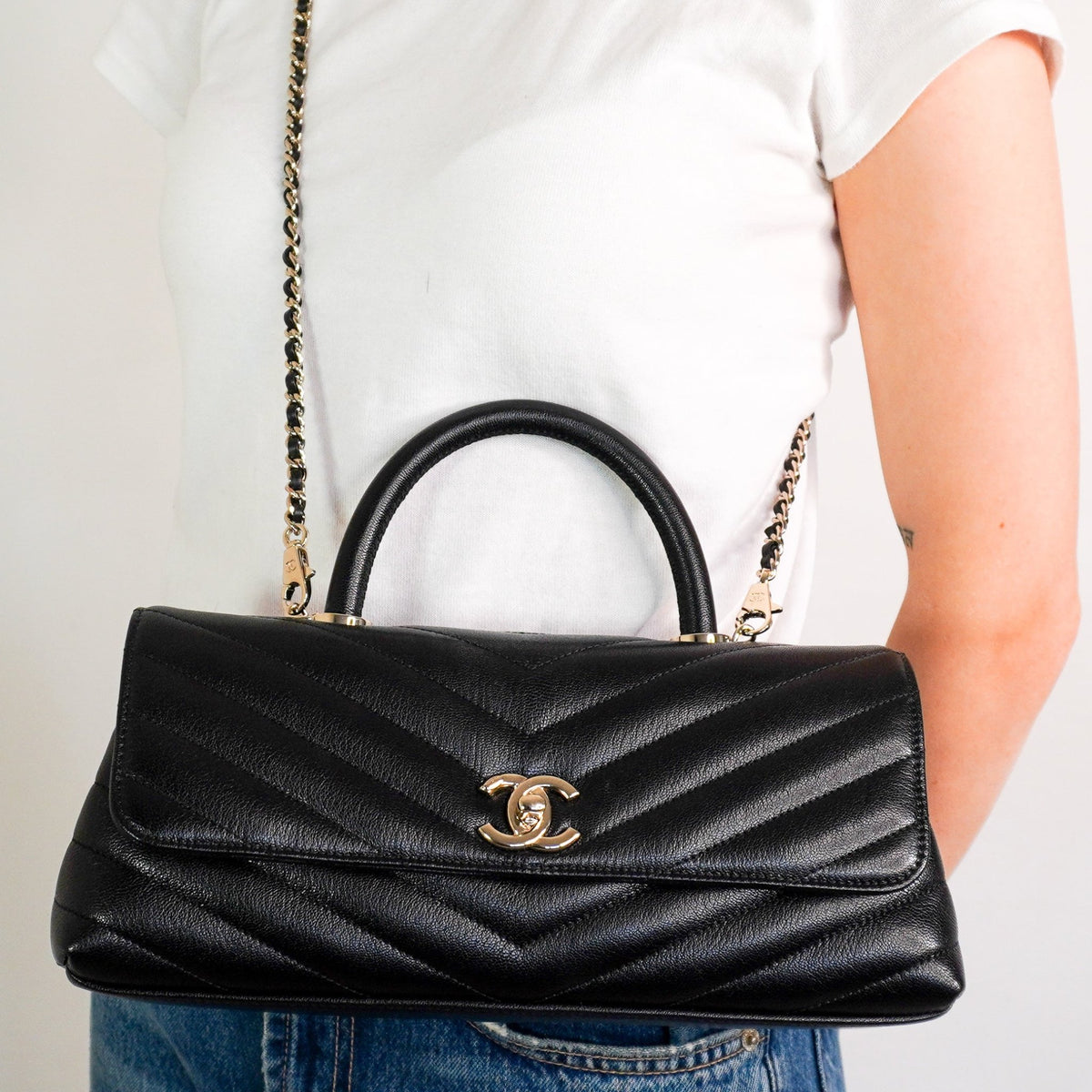 Chanel Coco Top Handle Black Chevron Quilted Leather Bag | Authentic Preloved - Reloved Again