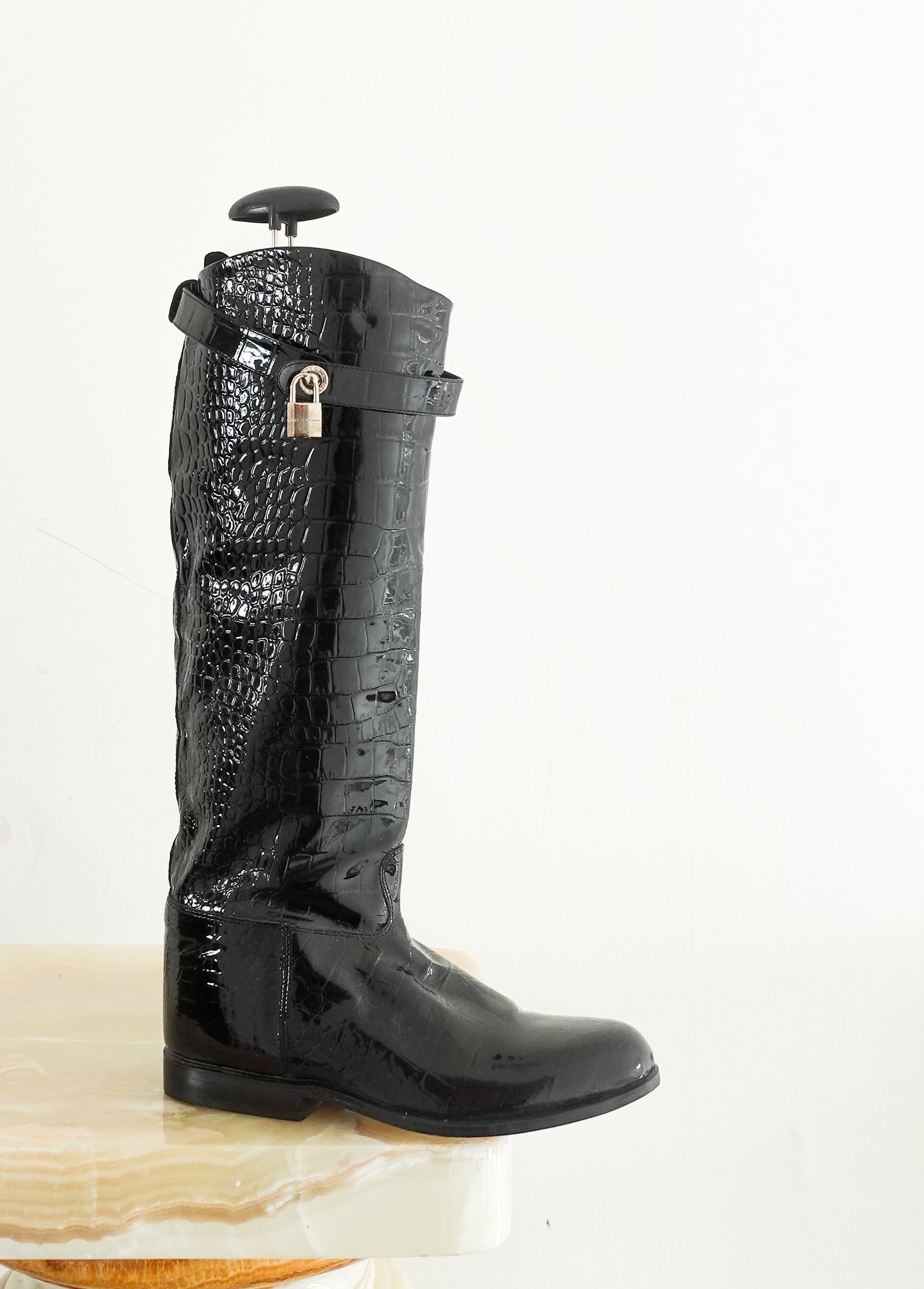 patent flat designer boots with lock and key finish RRP 1500