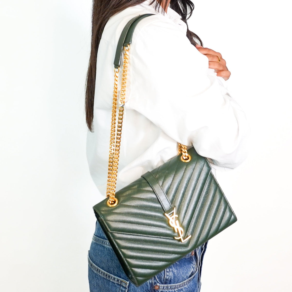 YSL Medium Green Chevron Quilted Leather Envelope Bag (RRP £2235) | Authentic Preloved - Reloved Again
