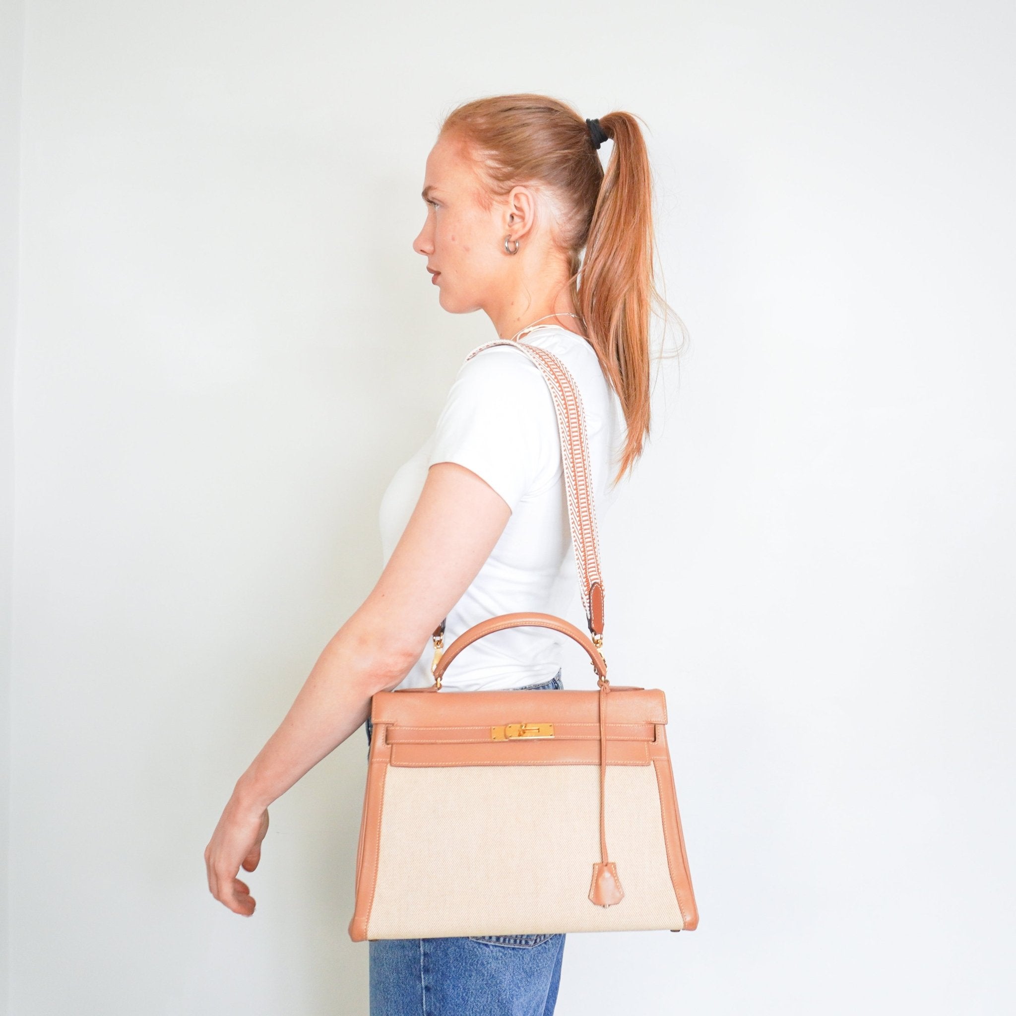 Hermès Kelly 32 Natural Courchevel and Toile with Gold Hardware | Authentic Preloved - Reloved Again