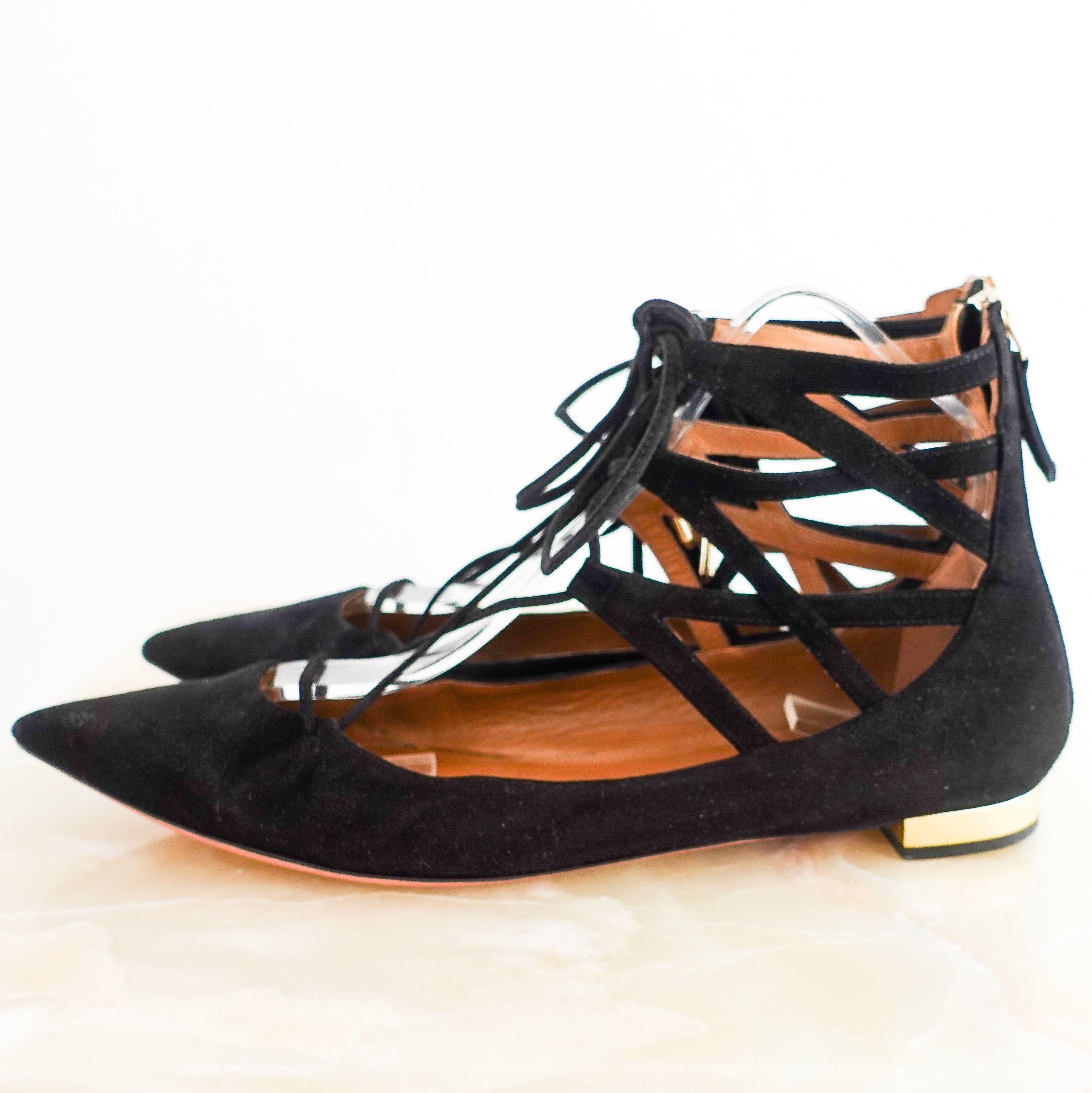 Aquazzura black suede lace up flats RRP £350 | Authentic Preloved
