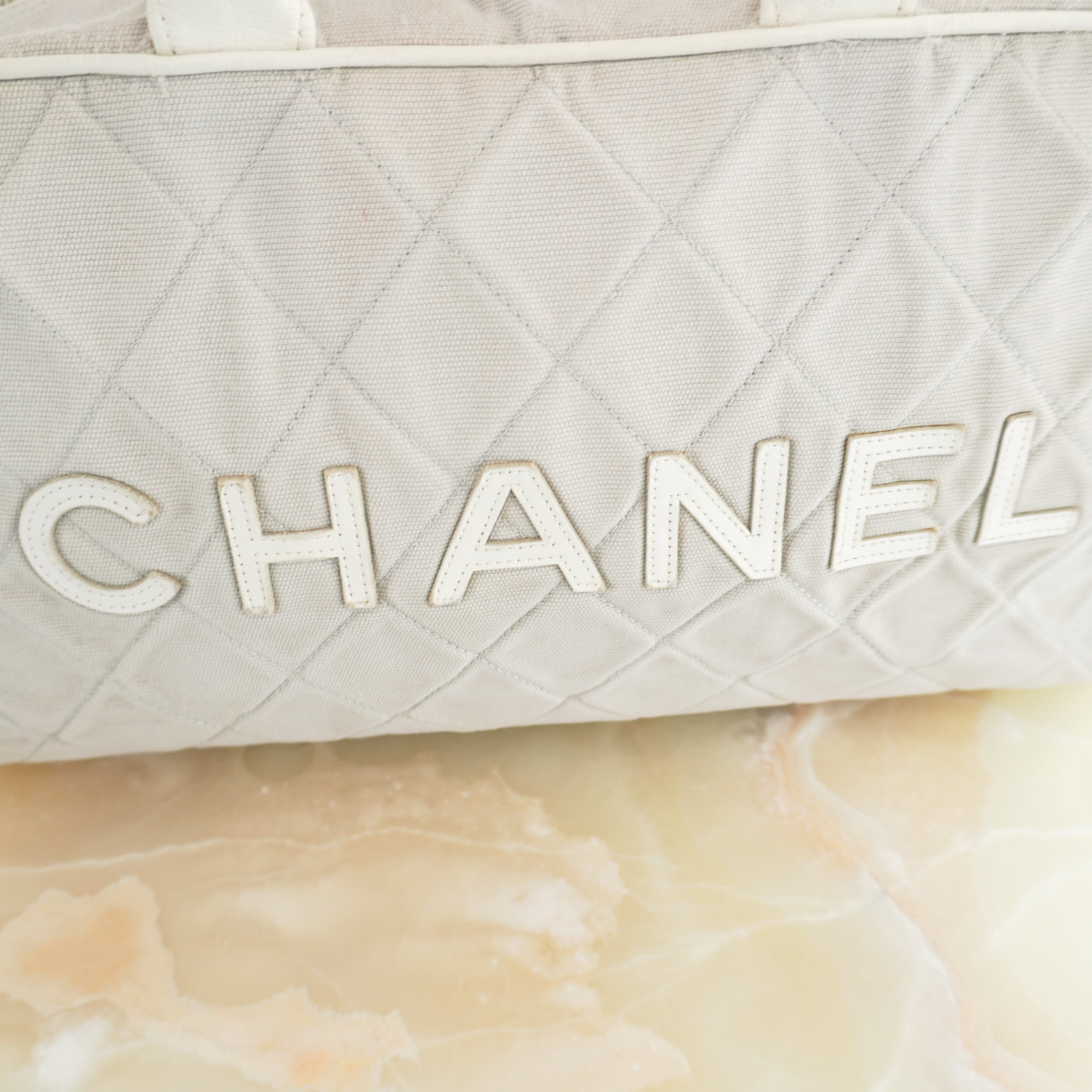 Chanel Vintage Sports Line Quilted Grey Canvas Bowling Bag | Authentic Preloved