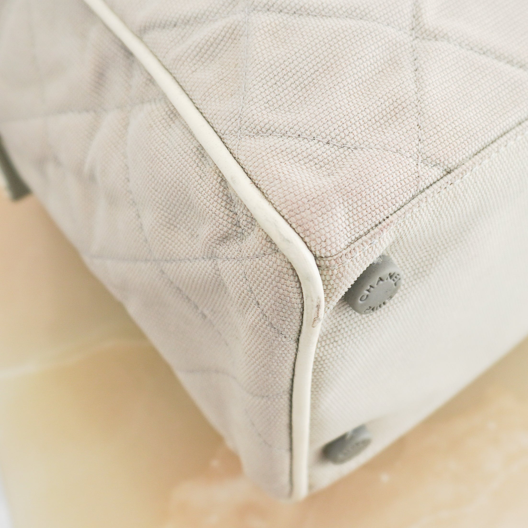 Chanel Vintage Sports Line Quilted Grey Canvas Bowling Bag | Authentic Preloved