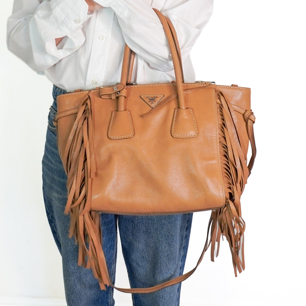 Prada Glacé Calf Fringed Twin Pocket Satchel Tote (RRP £1400) | Authentic Preloved - Reloved Again