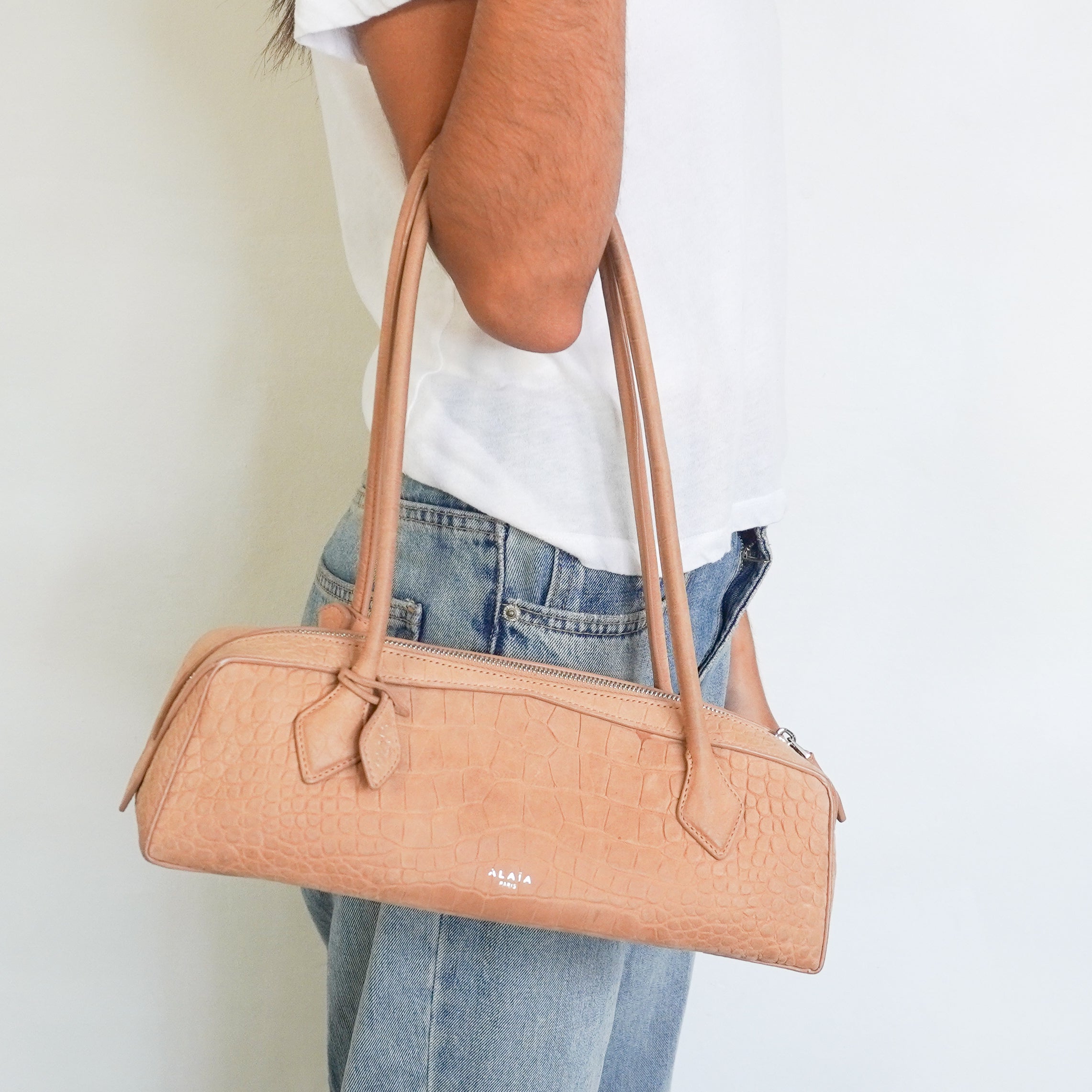 Alaïa Le Teckel Medium Croc-Embossed Suede Shoulder Bag Beige (RRP £2100) | Authentic Preloved